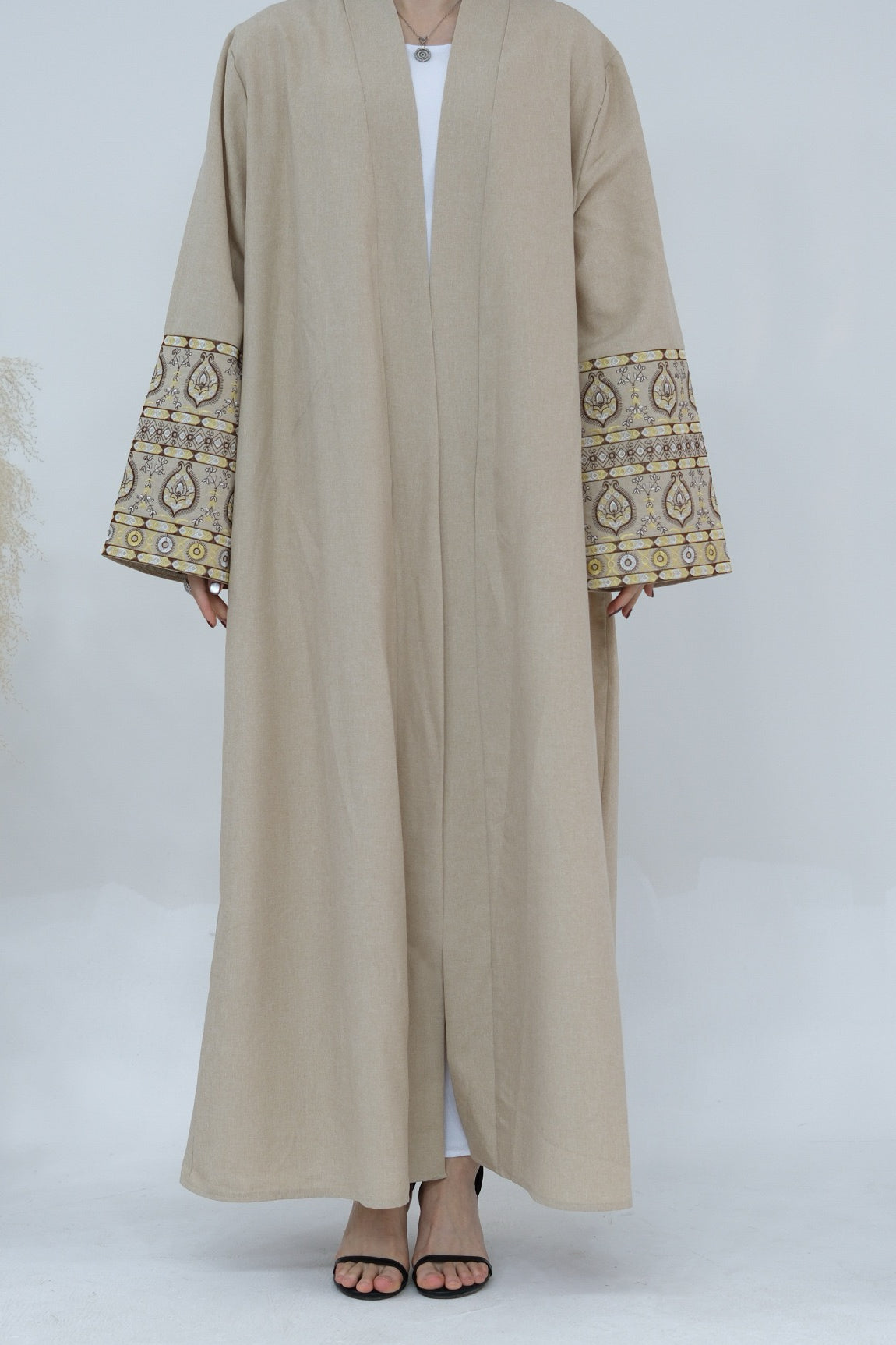 NAZIA Flower Pattern Embroidery Linen Modest Open Abaya 753 - Cornsilk - Meliza