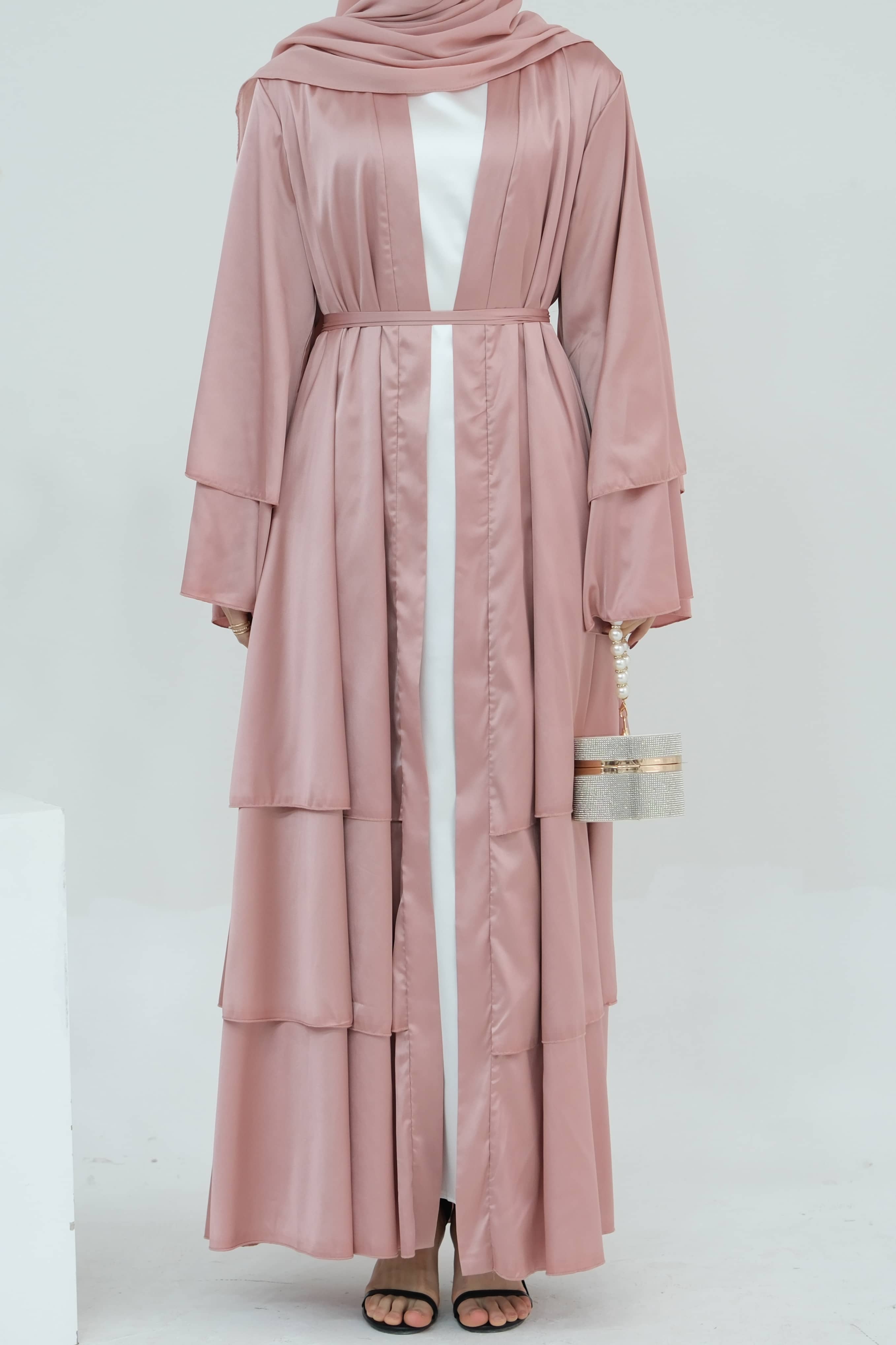 Lakia Satin Bell sleeves Modest Open Abaya 706 - Pink - Meliza