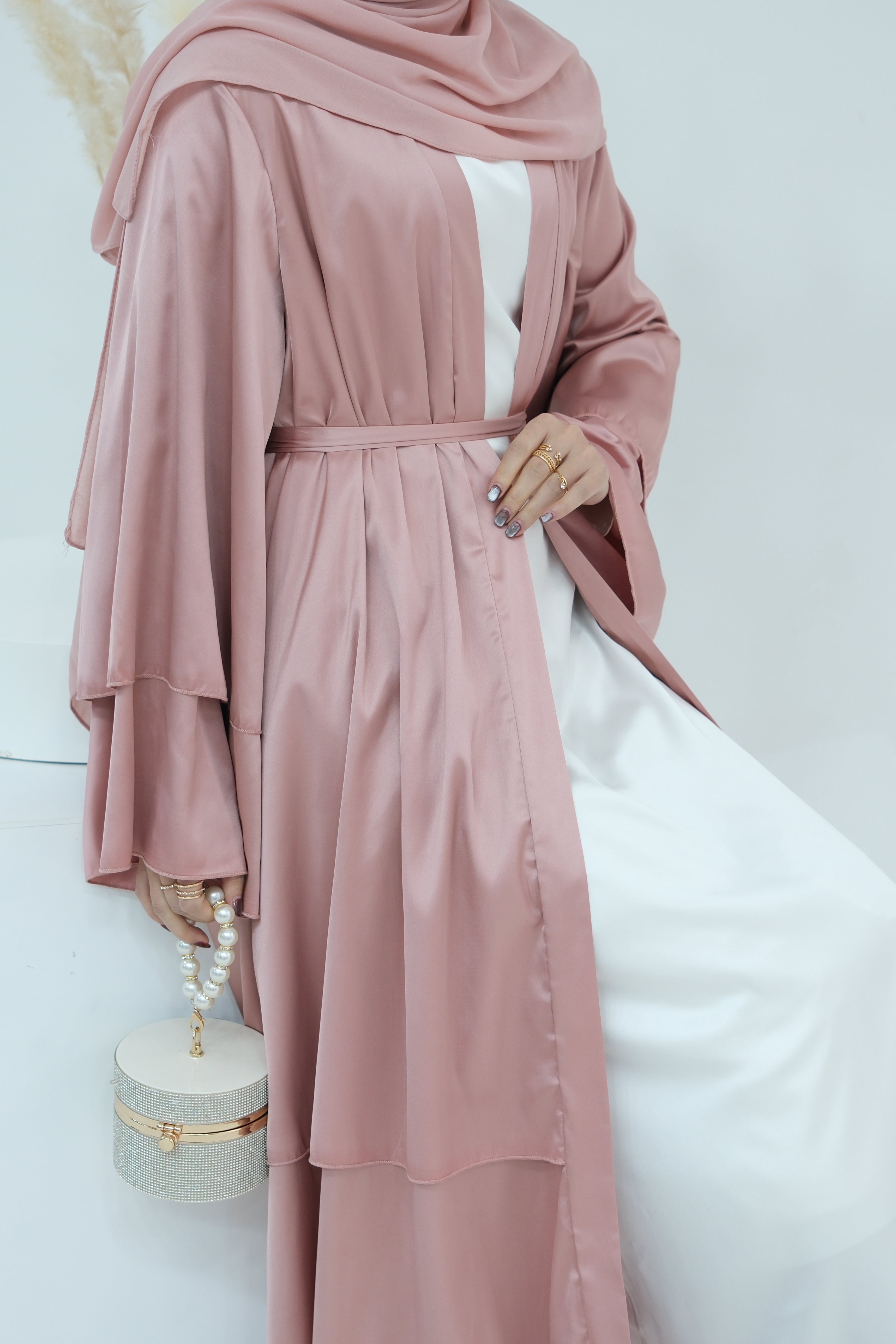 Lakia Satin Bell sleeves Modest Open Abaya 706 - Pink - Meliza