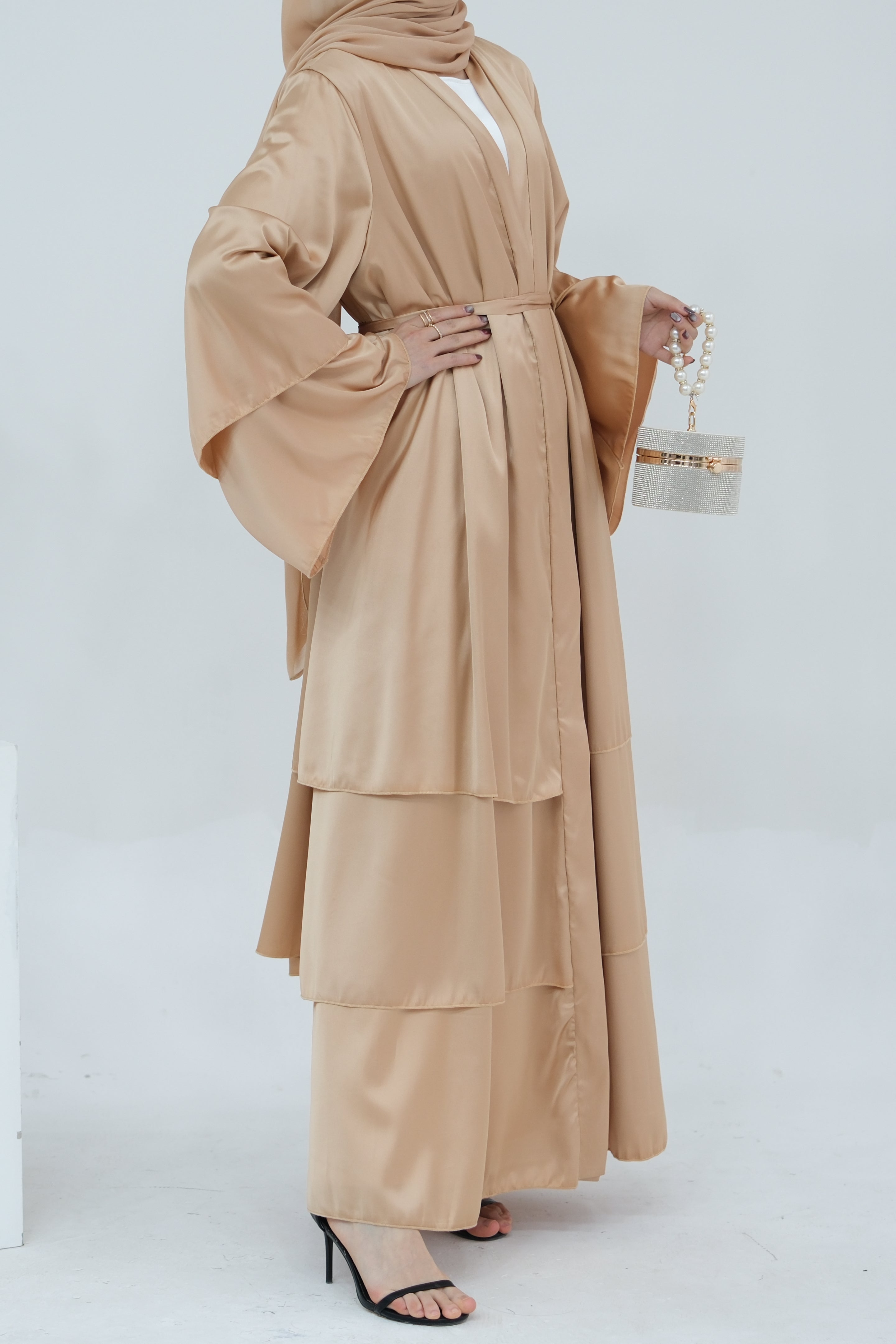 Lakia Satin Bell sleeves Modest Open Abaya 706 - BlanchedAlmond - Meliza