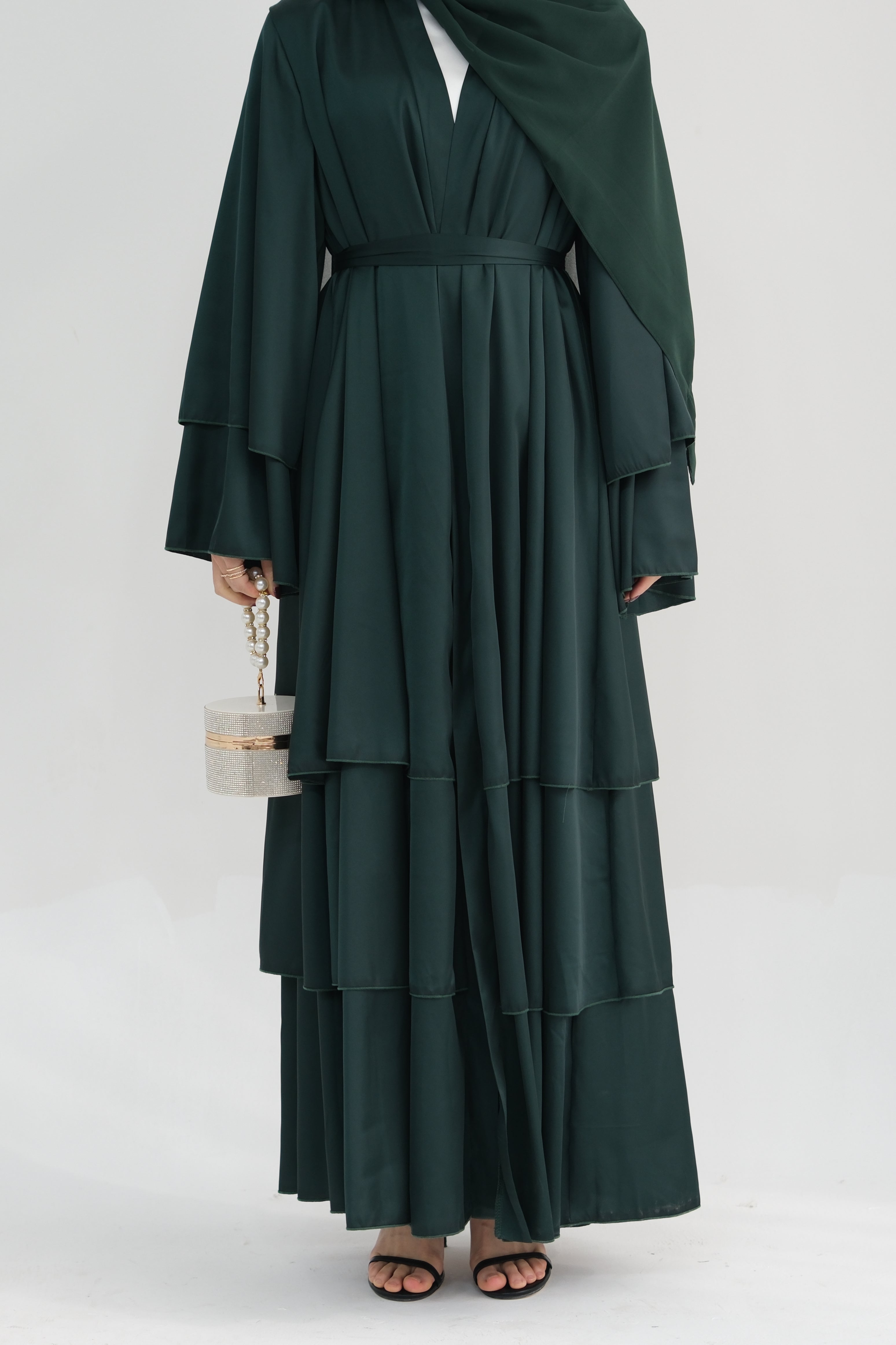 Lakia Satin Bell sleeves Modest Open Abaya 706 - DarkGreen - Meliza