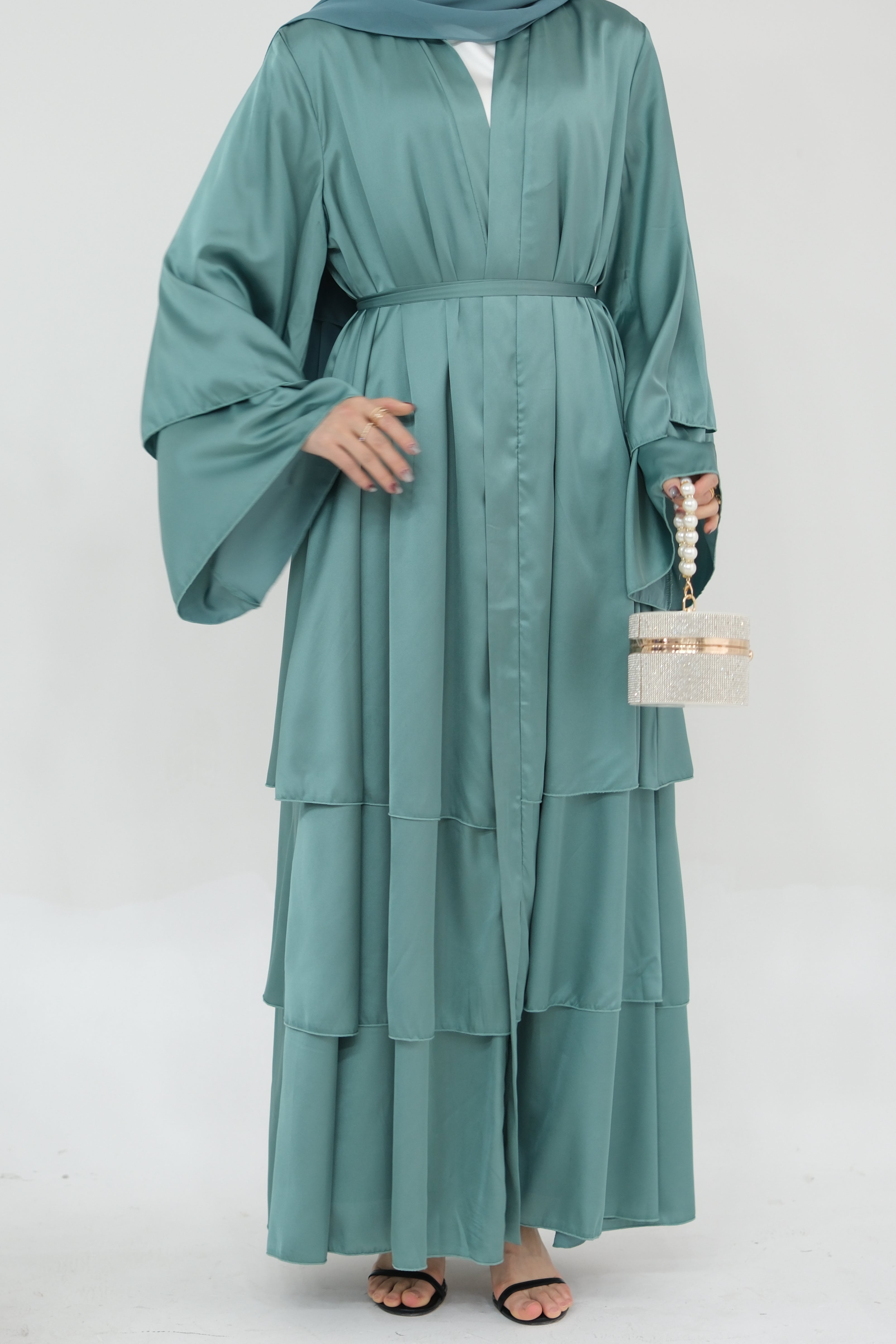 Lakia Satin Bell sleeves Modest Open Abaya 706 - LightSeaGreen - Meliza