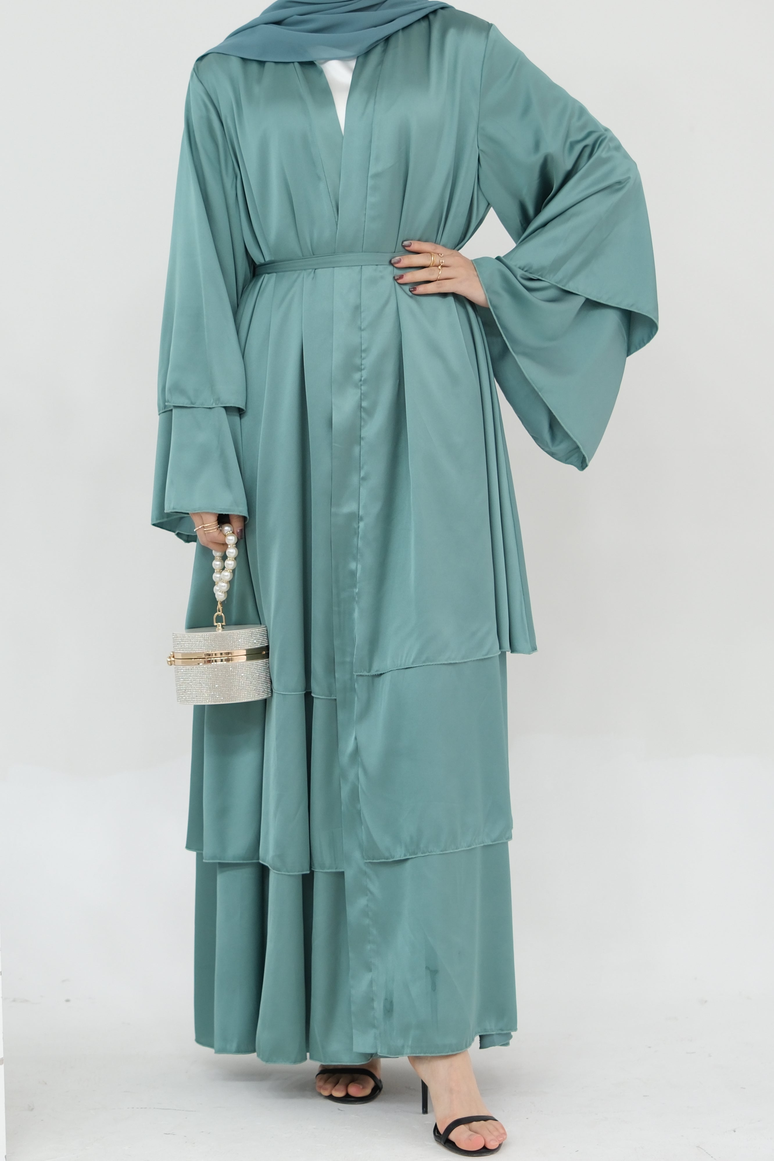 Lakia Satin Bell sleeves Modest Open Abaya 706 - LightSeaGreen - Meliza