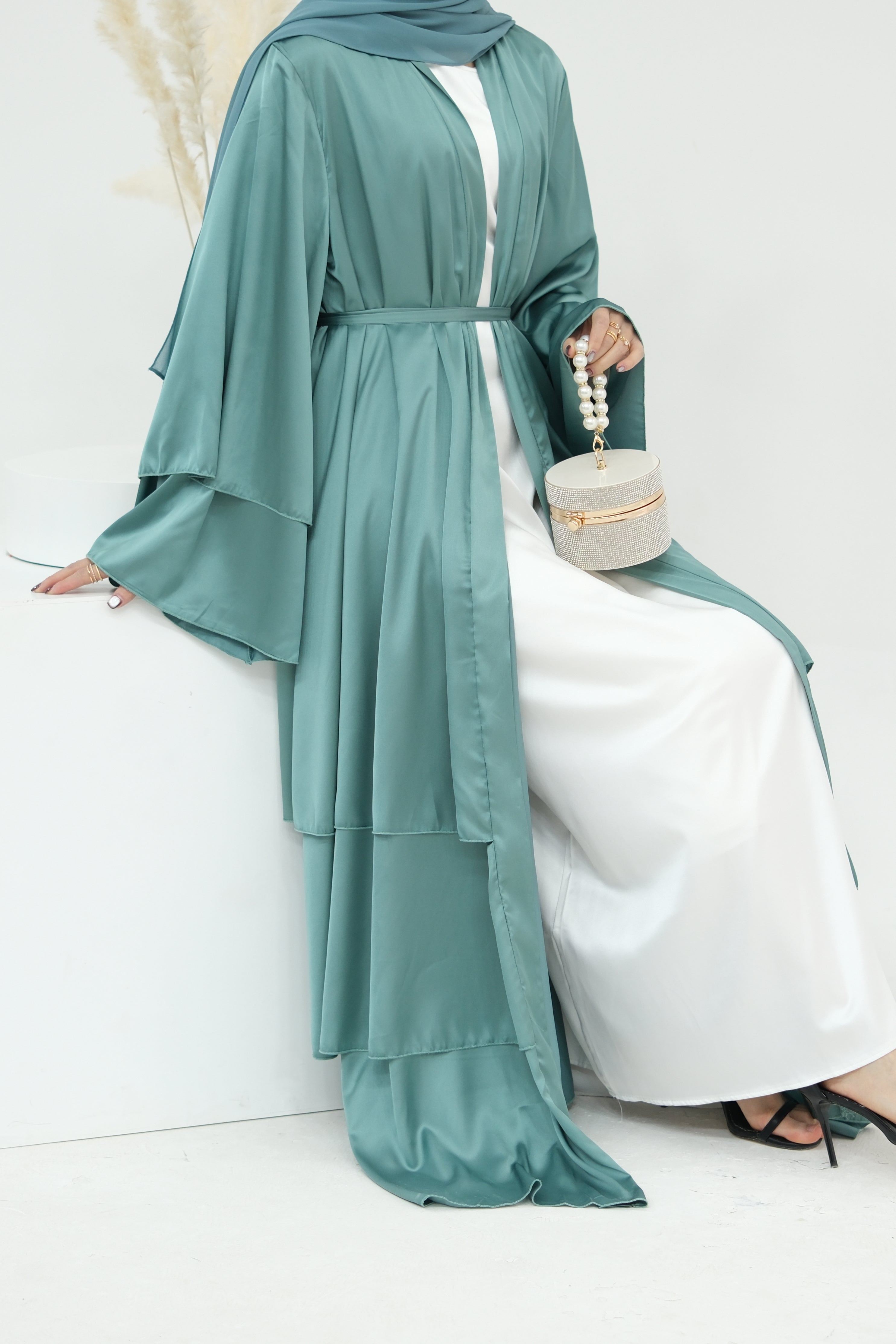 Lakia Satin Bell sleeves Modest Open Abaya 706 - LightSeaGreen - Meliza