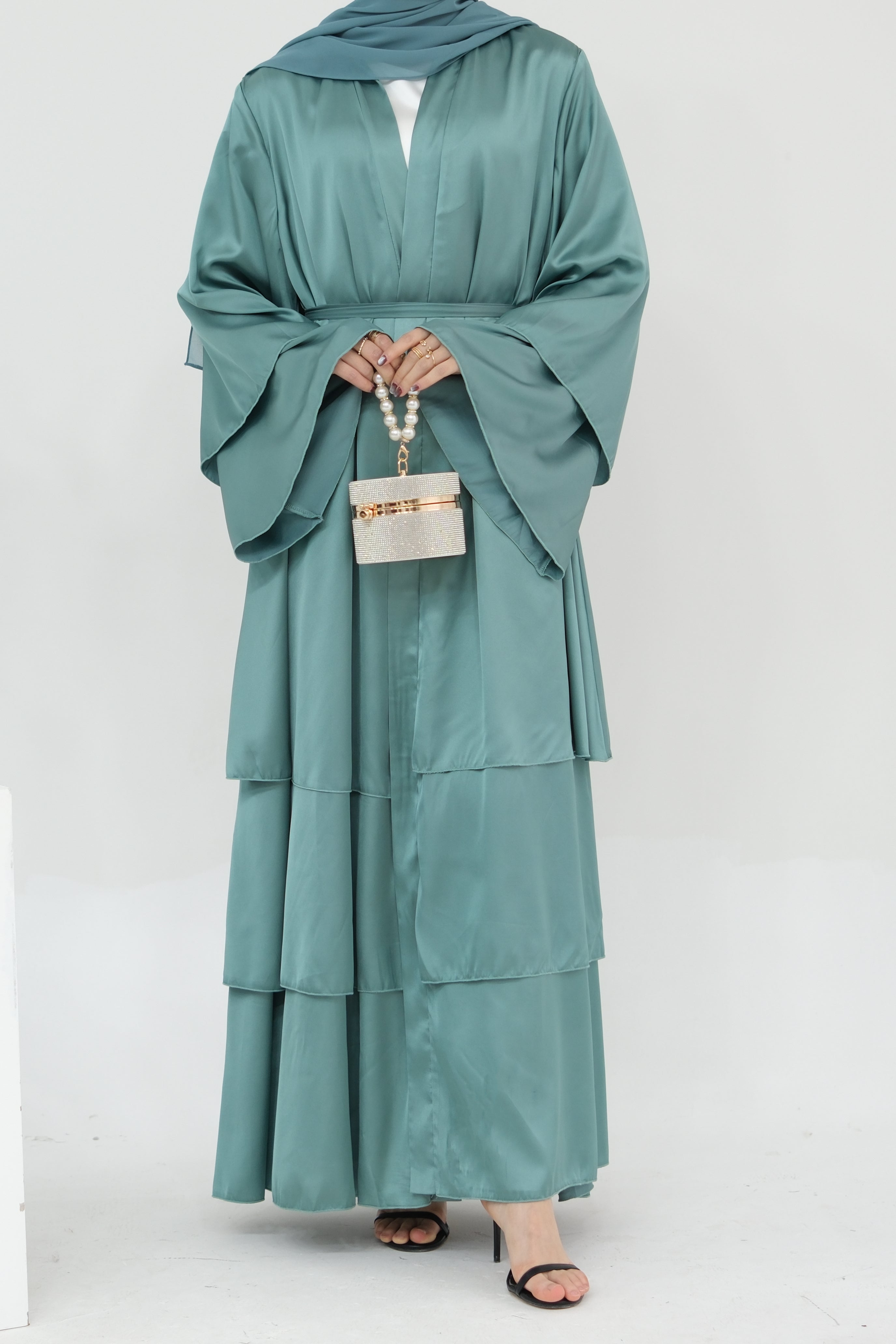 Lakia Satin Bell sleeves Modest Open Abaya 706 - LightSeaGreen - Meliza