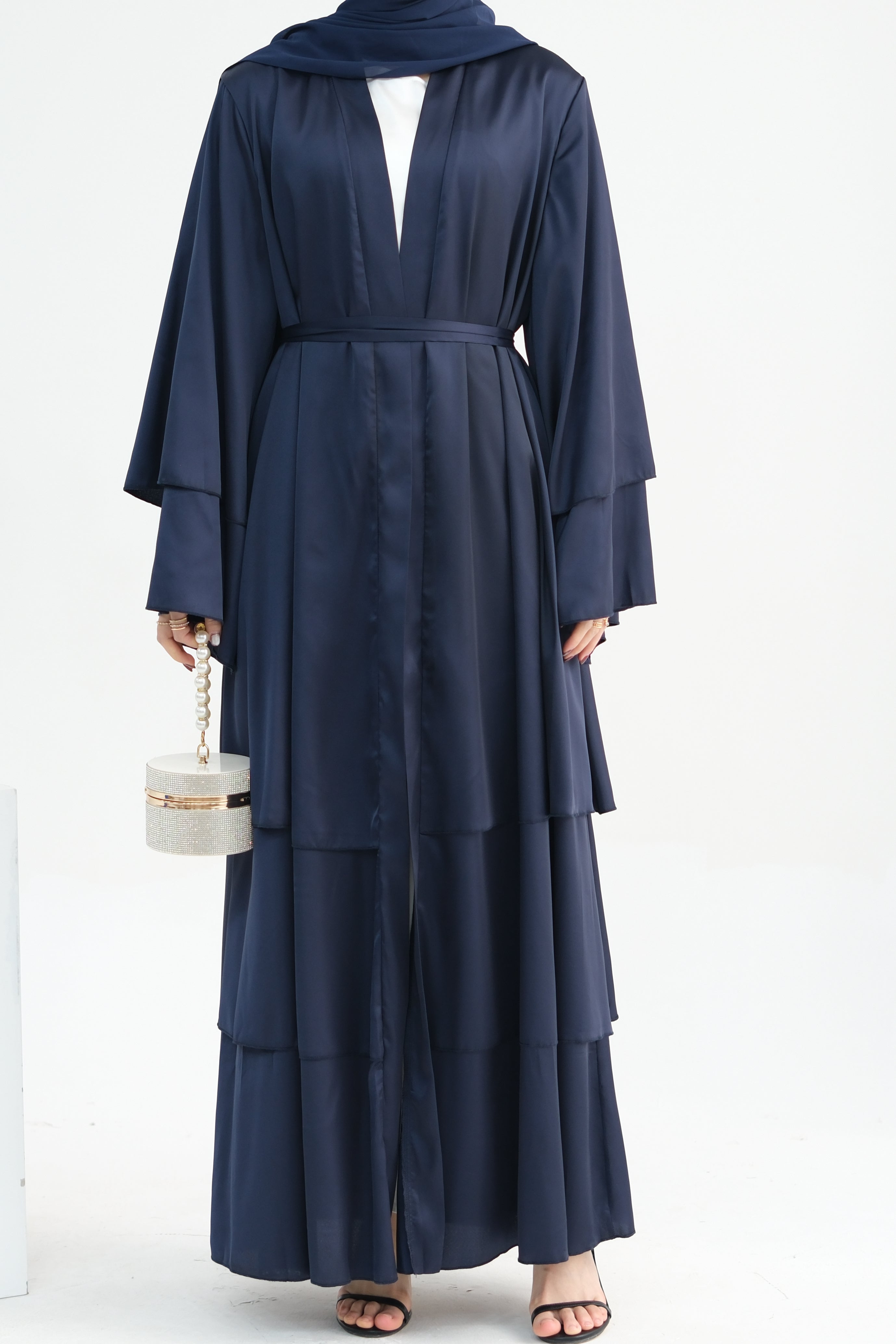 Lakia Satin Bell sleeves Modest Open Abaya 706 - Navy - Meliza