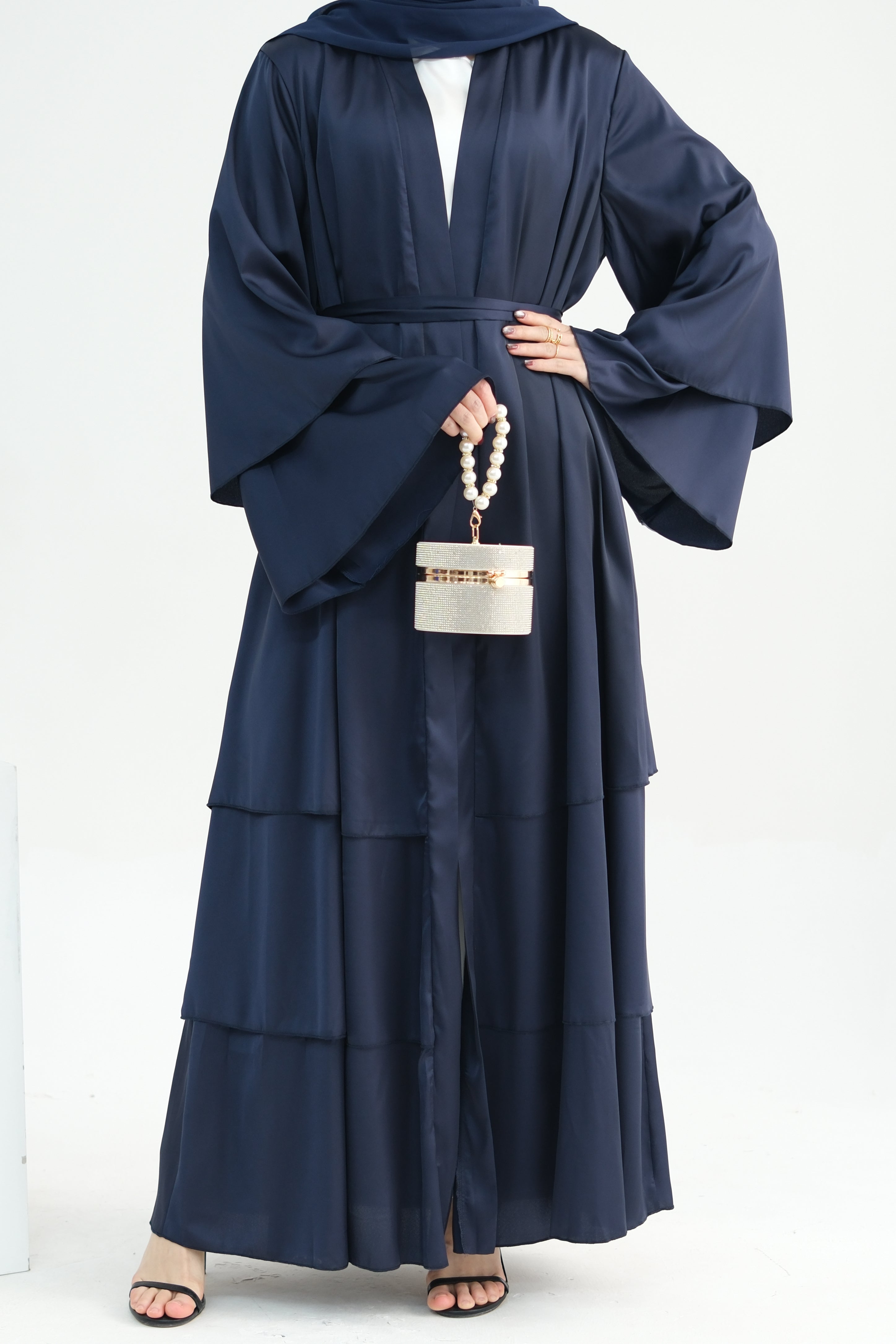 Lakia Satin Bell sleeves Modest Open Abaya 706 - Navy - Meliza