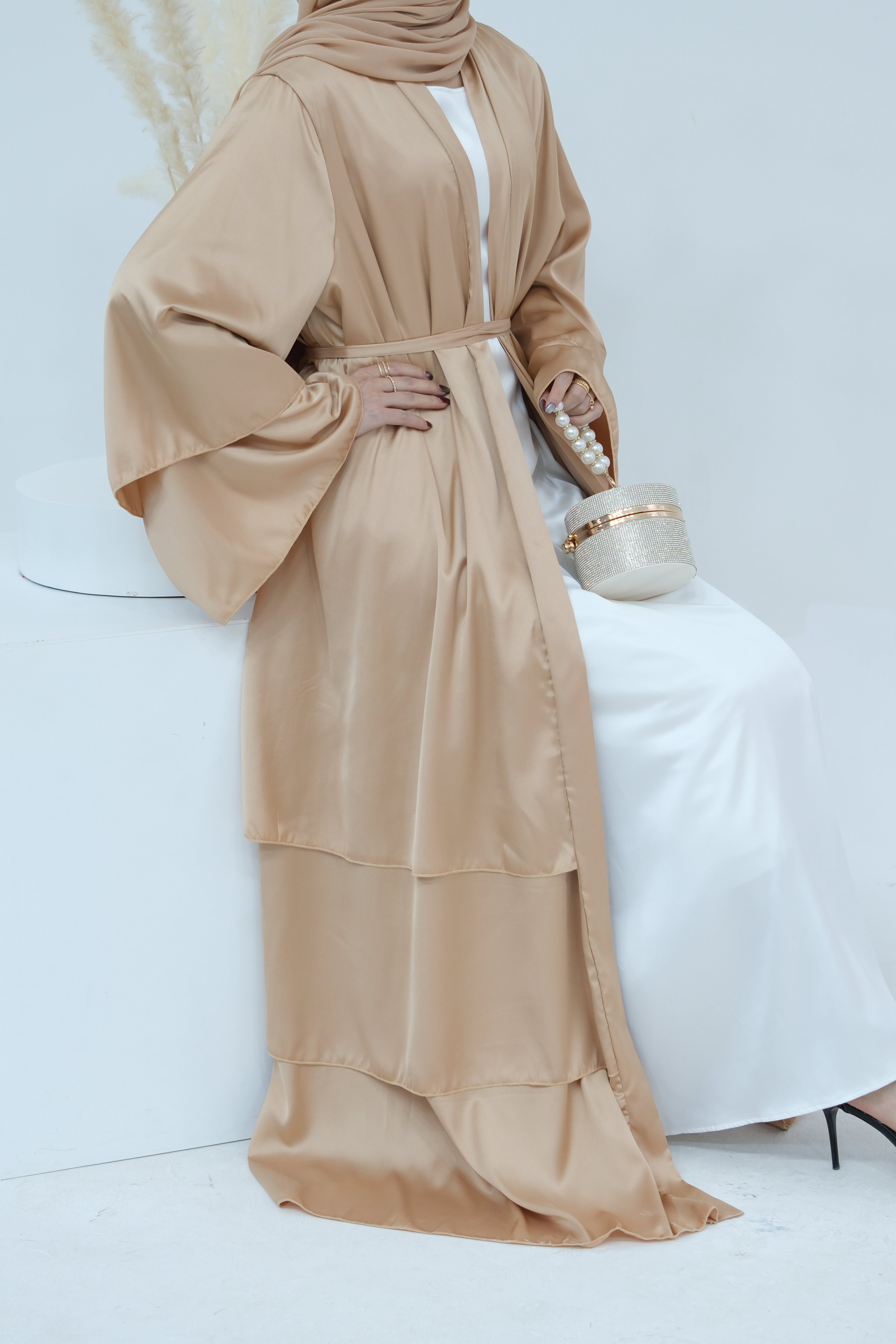 Lakia Satin Bell sleeves Modest Open Abaya 706 - BlanchedAlmond - Meliza