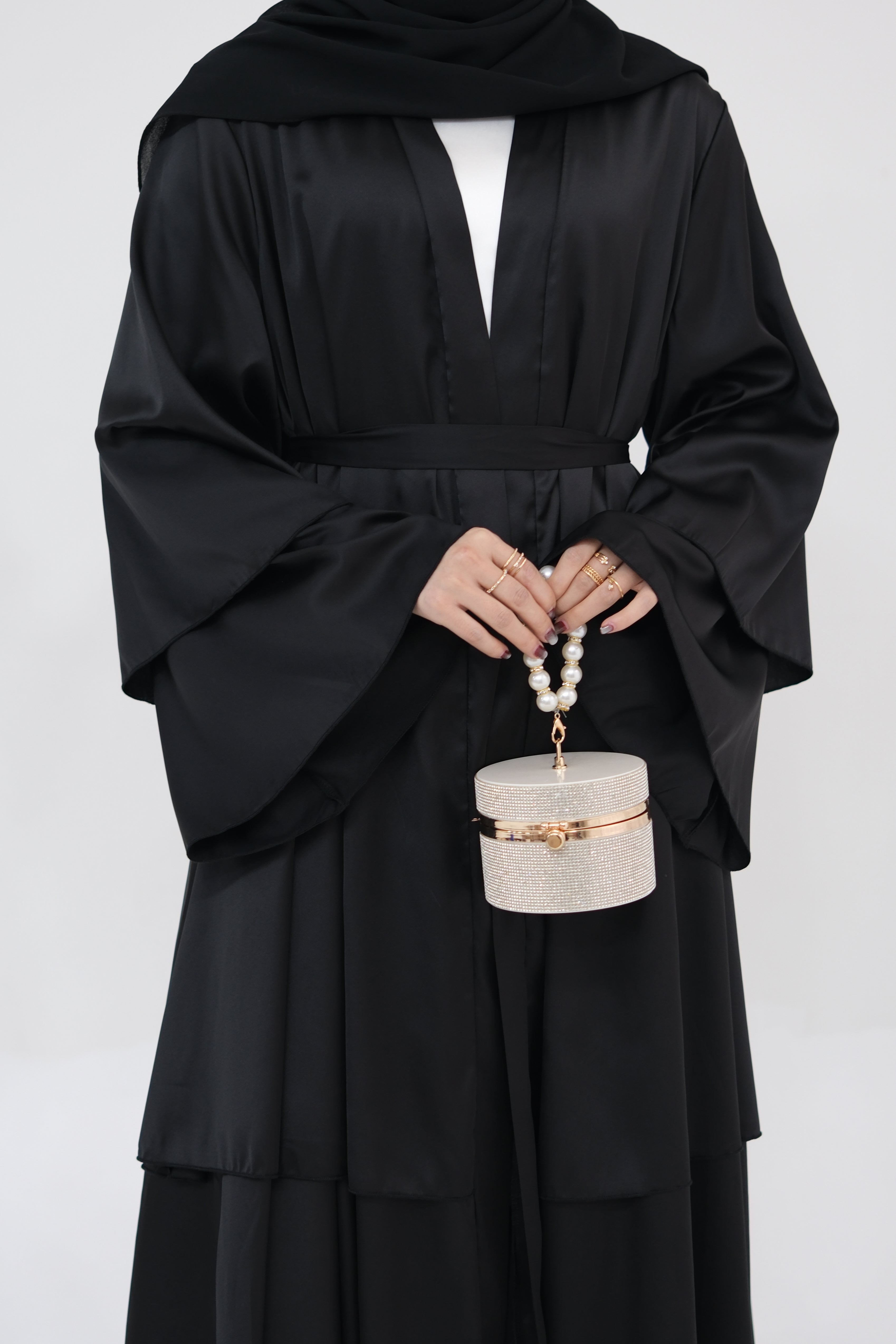 Lakia Satin Bell sleeves Modest Open Abaya 706 - Black - Meliza