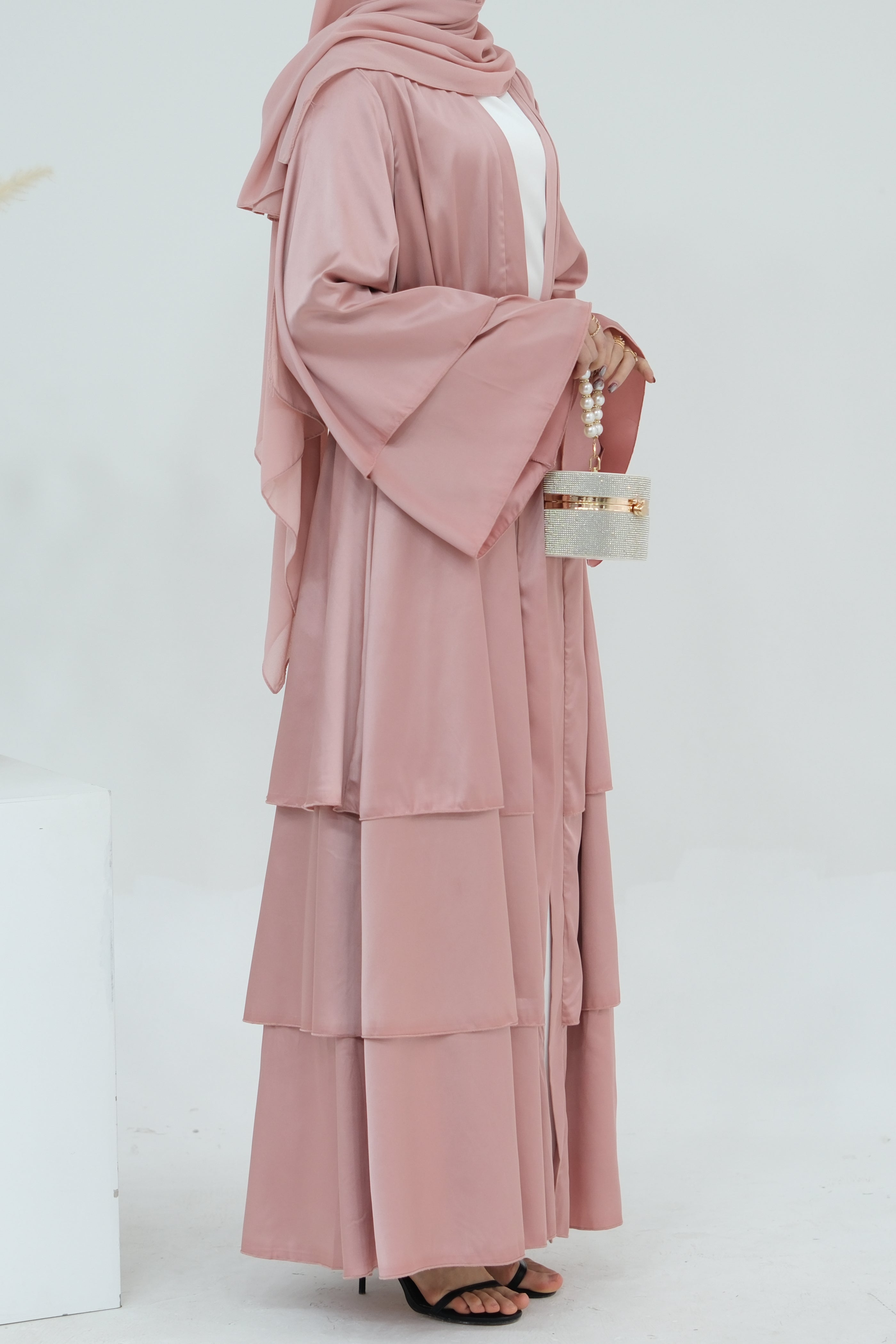 Lakia Satin Bell sleeves Modest Open Abaya 706 - Pink - Meliza