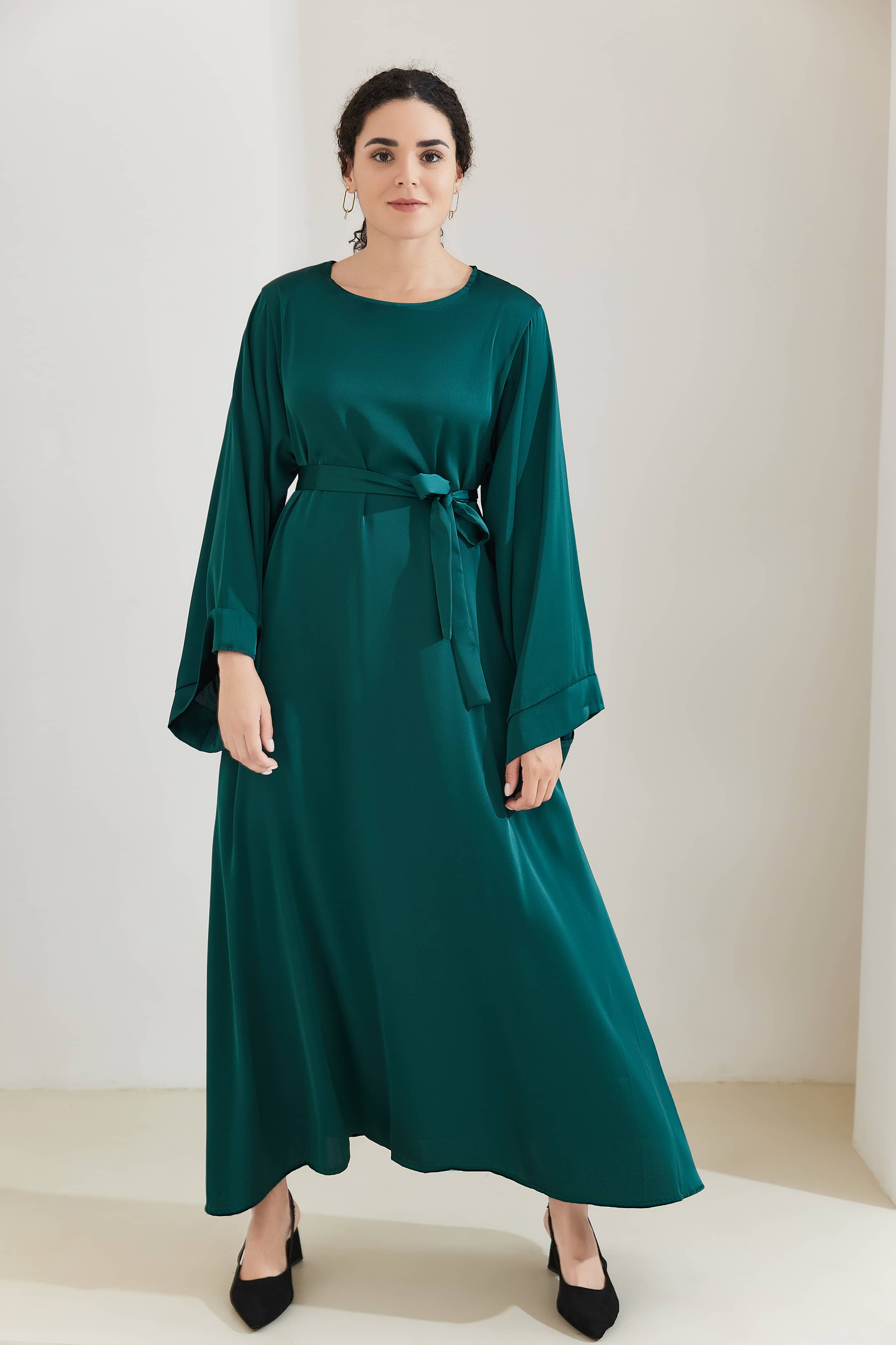 ALEENA Satin Polyester Modest Maxi Dress Abaya 503 - SeaGreen - Meliza