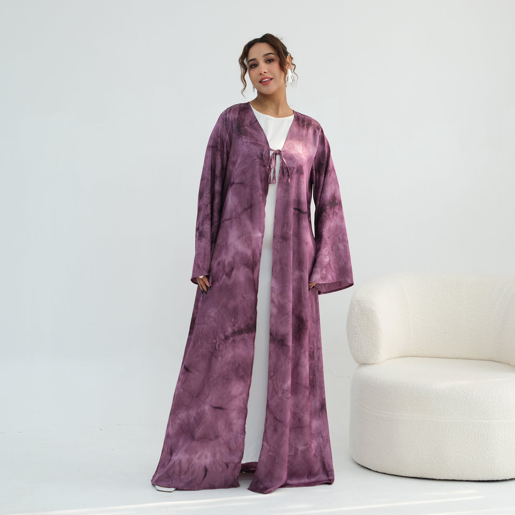 Tie-dye pleated floral lace-up cardigan LR1121