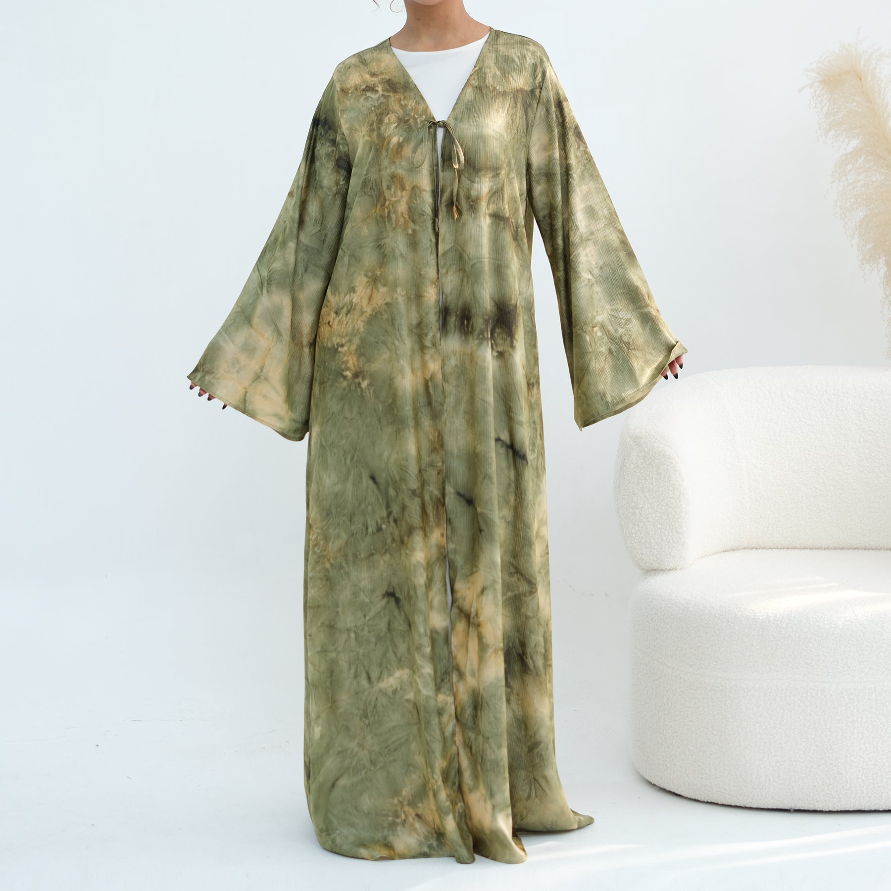 Tie-dye pleated floral lace-up cardigan LR1121