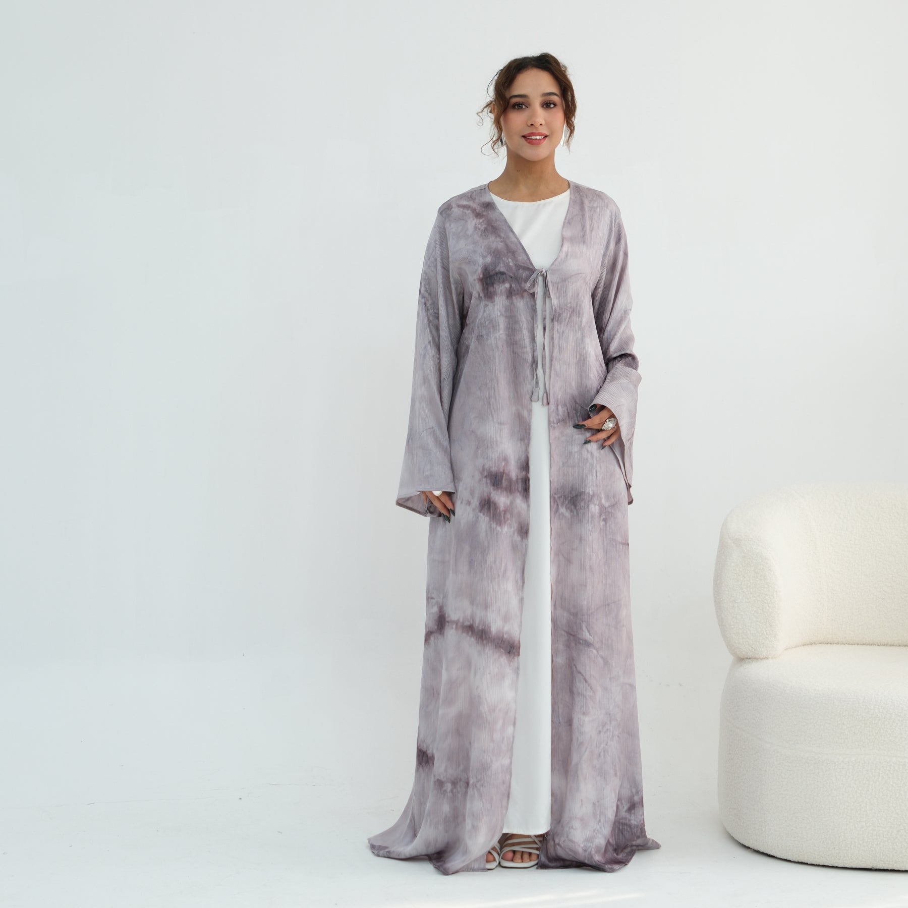Tie-dye pleated floral lace-up cardigan LR1121