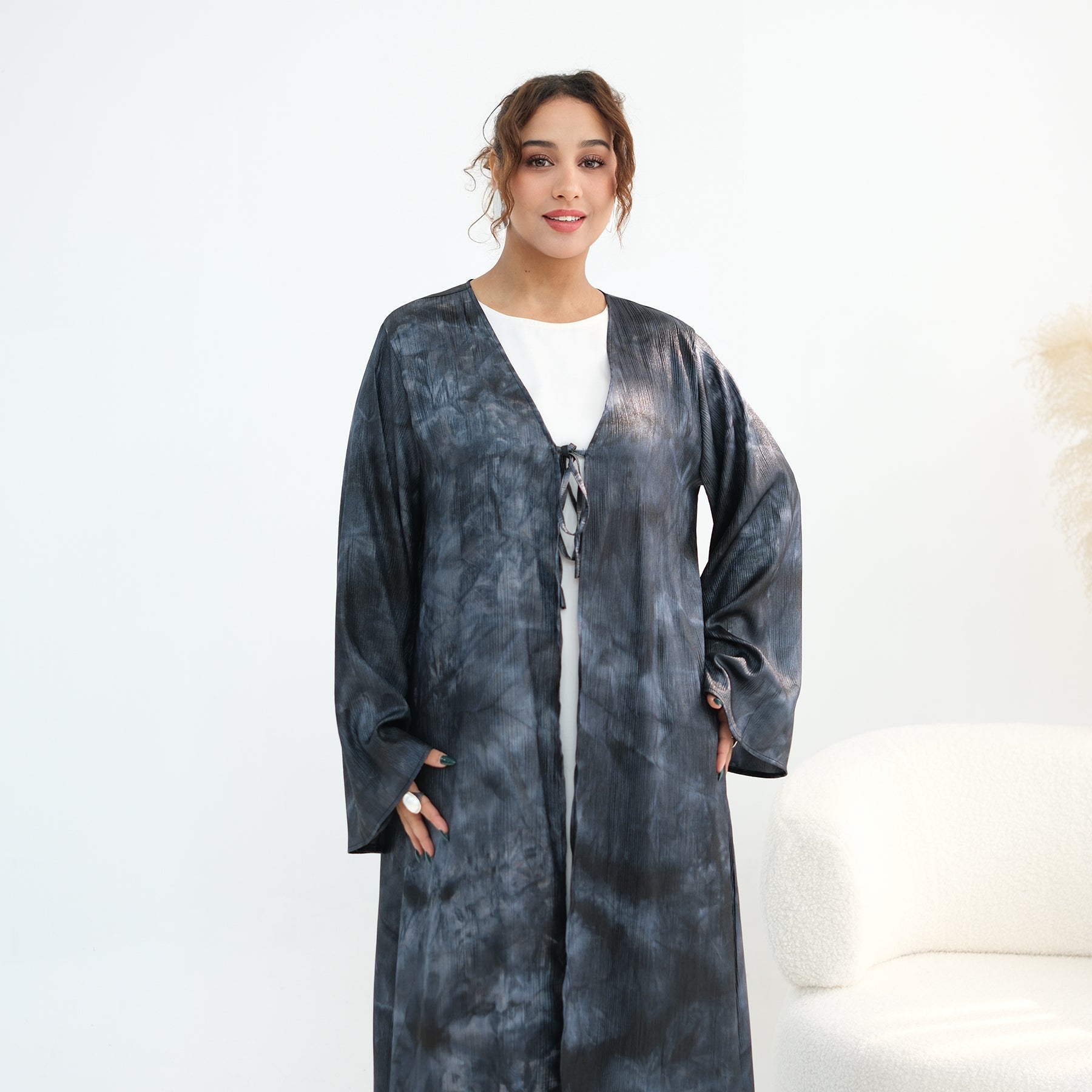 Tie-dye pleated floral lace-up cardigan LR1121