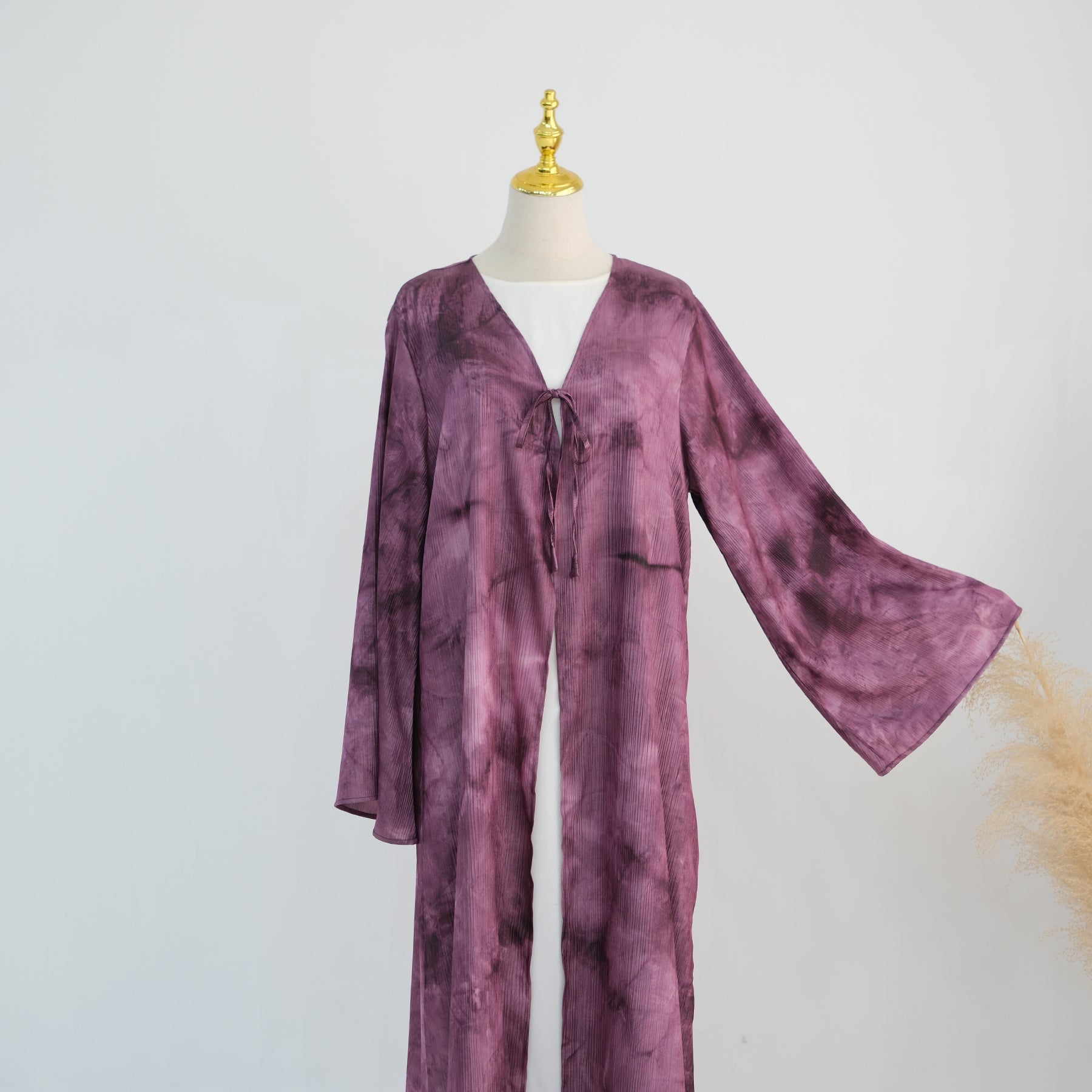 Tie-dye pleated floral lace-up cardigan LR1121