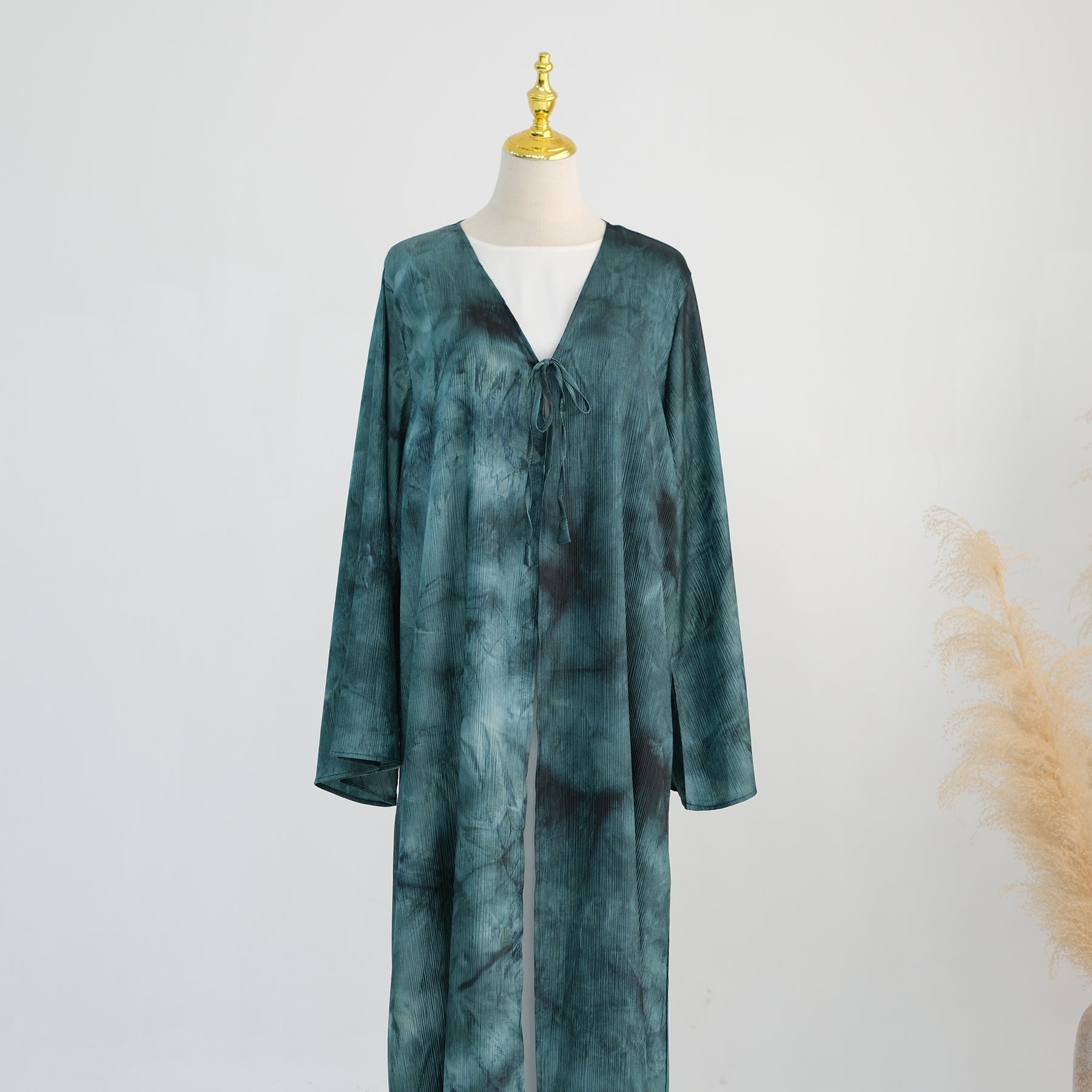 Tie-dye pleated floral lace-up cardigan LR1121