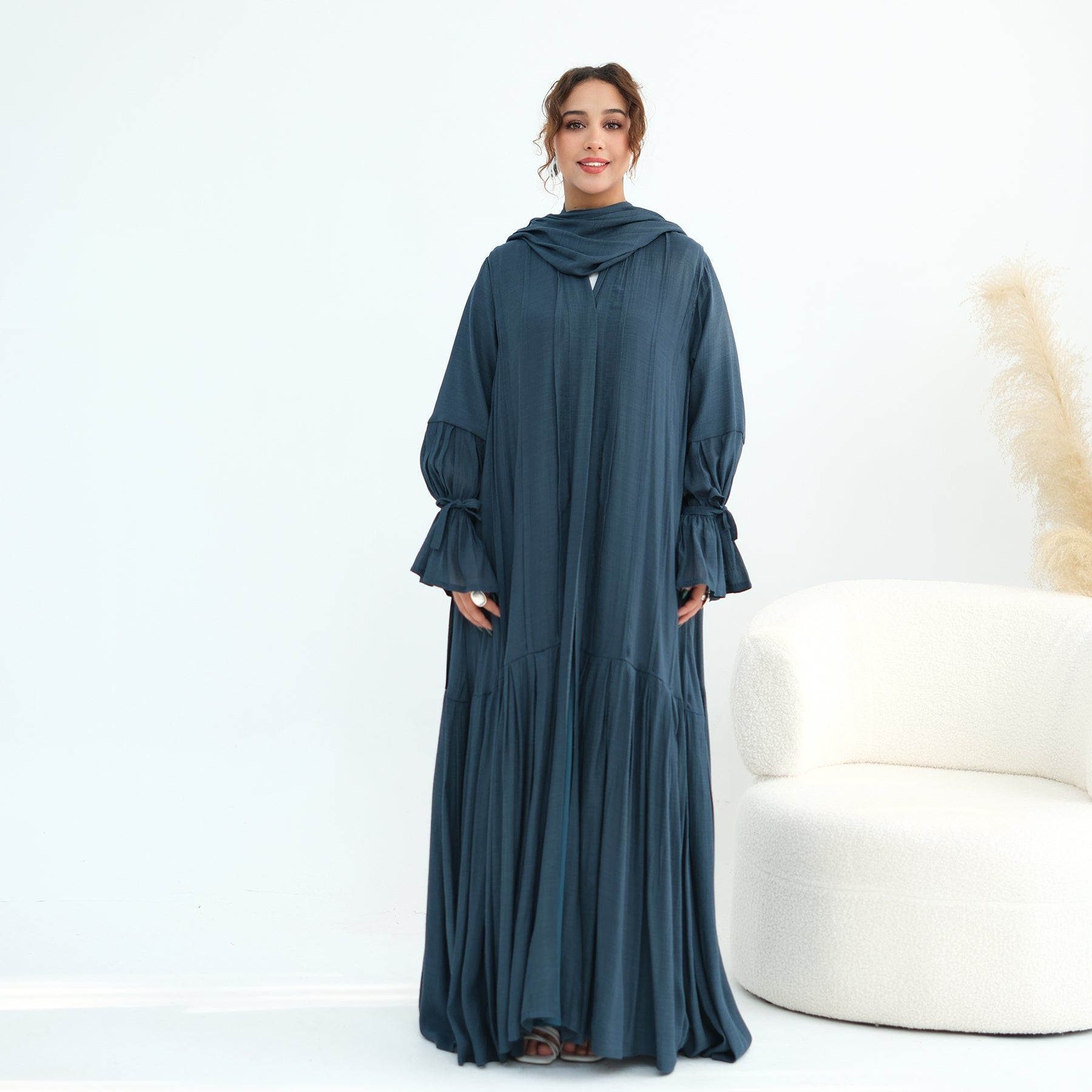 Loriya pleated cardigan with lining + scarf two-piece set LR1139, elegant and commuting style