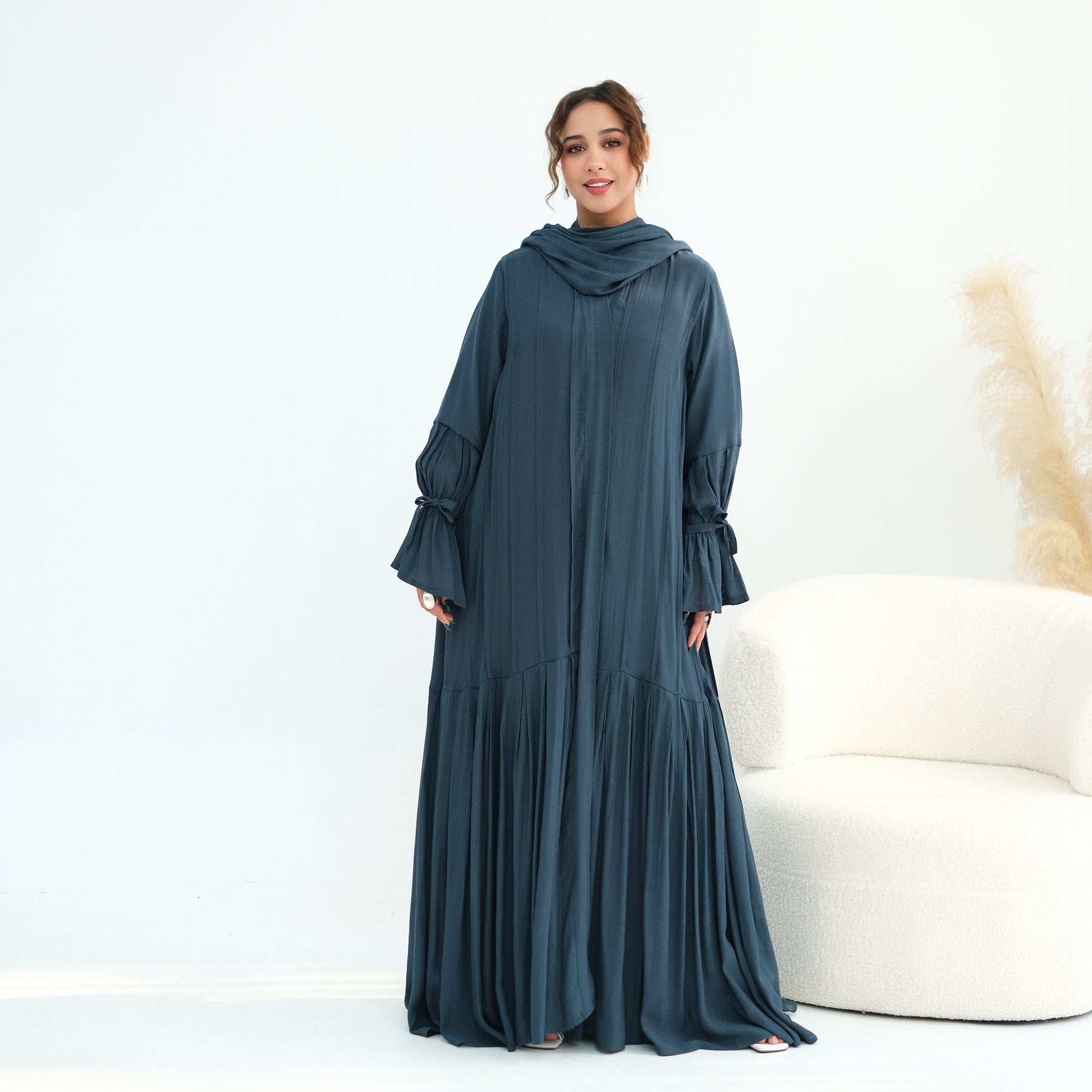 Loriya pleated cardigan with lining + scarf two-piece set LR1139, elegant and commuting style