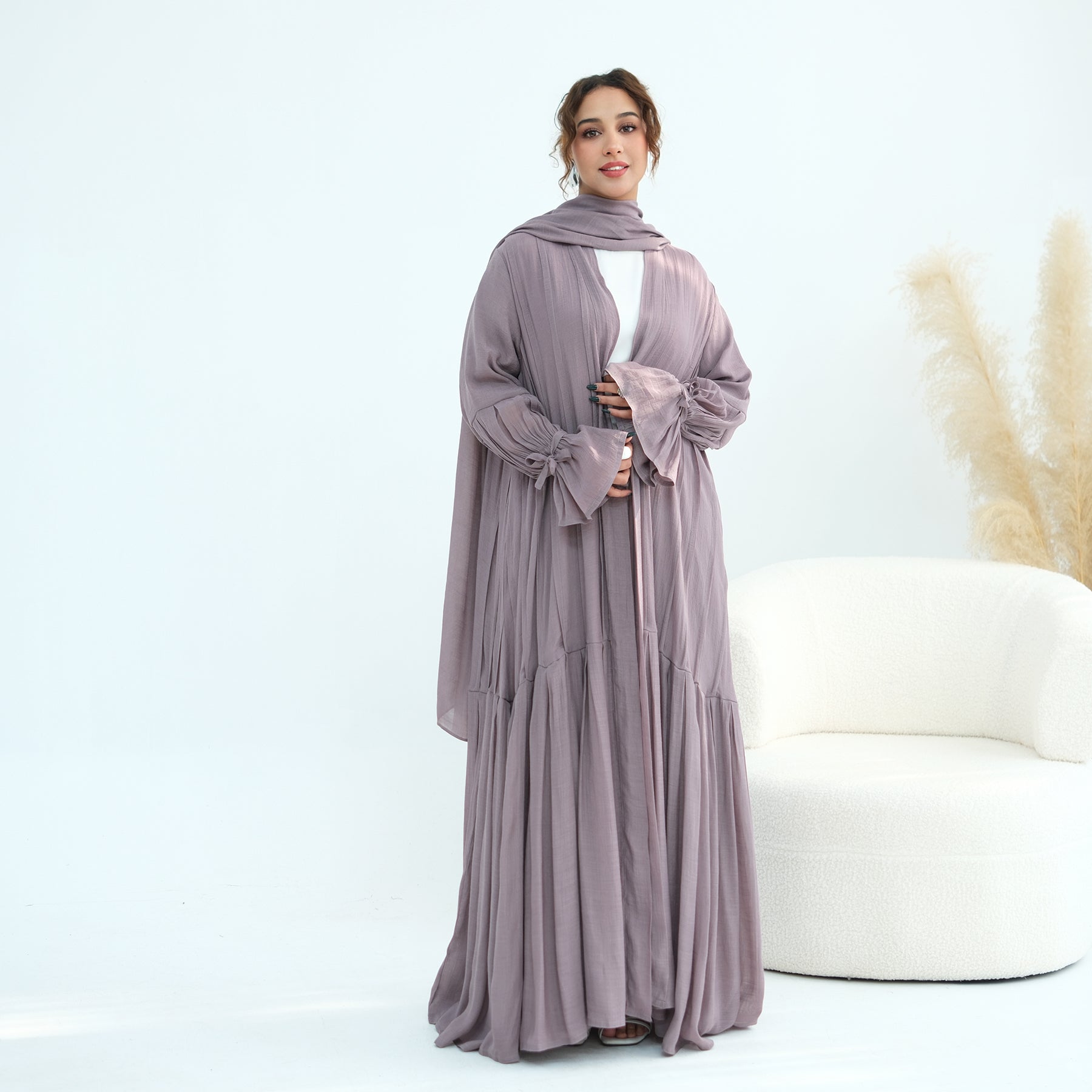 Loriya pleated cardigan with lining + scarf two-piece set LR1139, elegant and commuting style