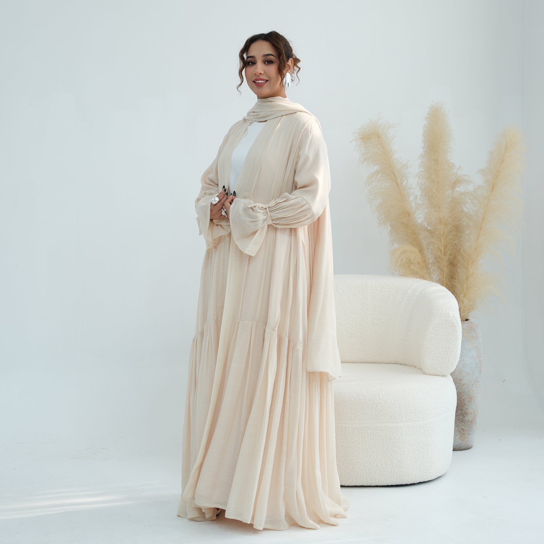 Loriya pleated cardigan with lining + scarf two-piece set LR1139, elegant and commuting style