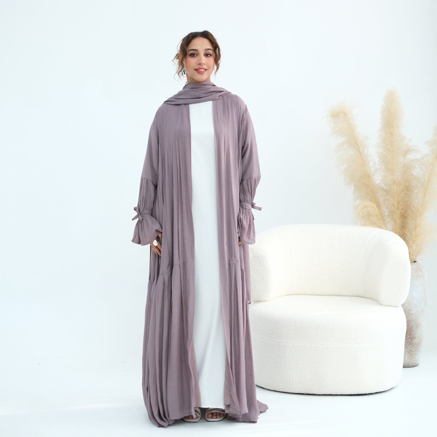 Loriya pleated cardigan with lining + scarf two-piece set LR1139, elegant and commuting style