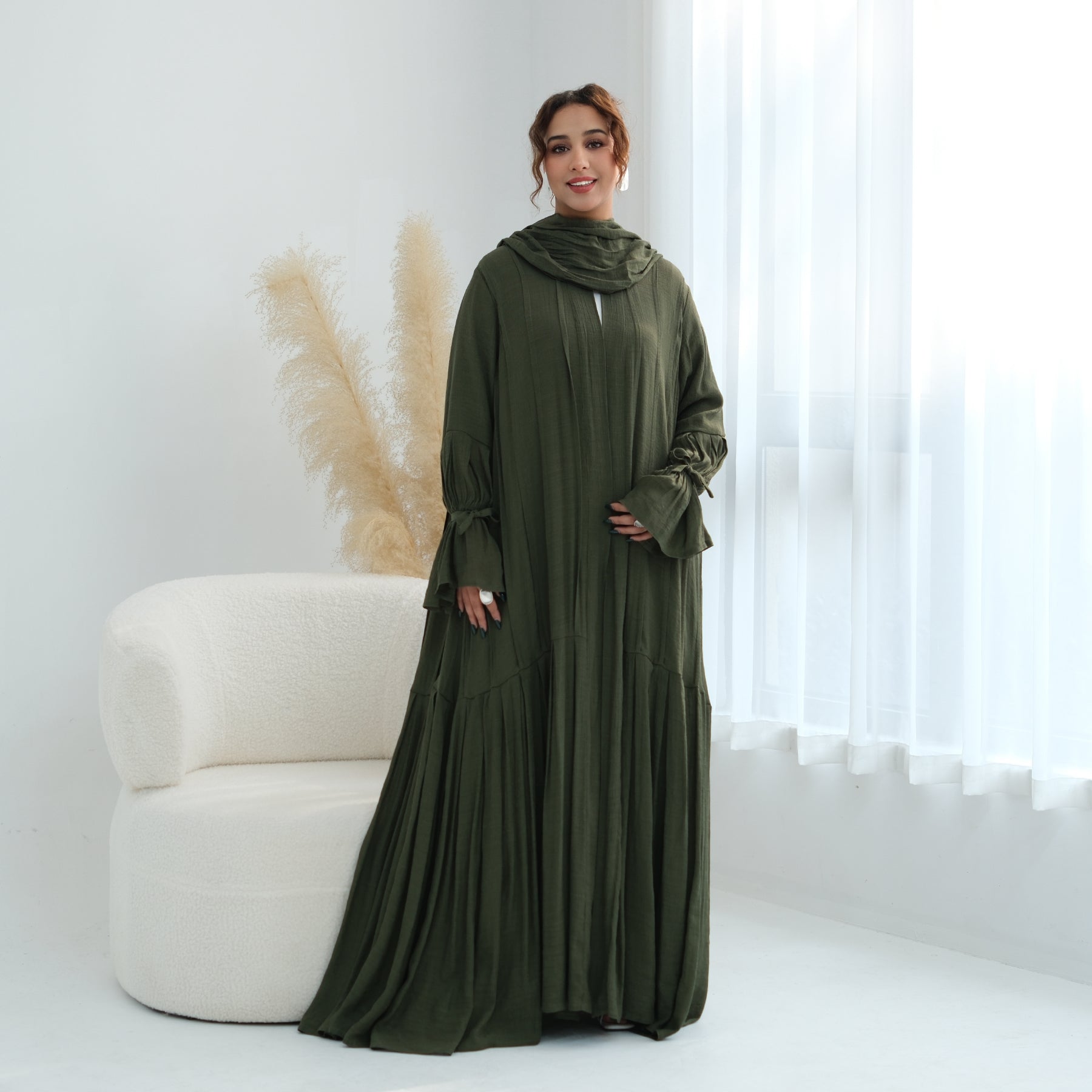 Loriya pleated cardigan with lining + scarf two-piece set LR1139, elegant and commuting style