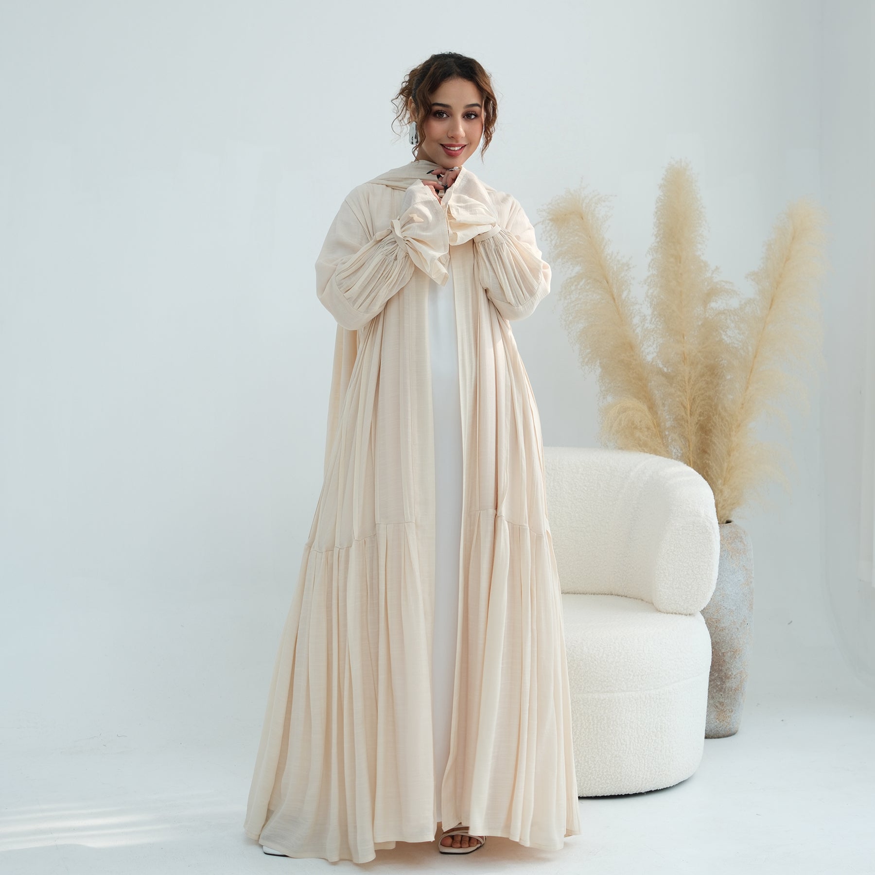 Loriya pleated cardigan with lining + scarf two-piece set LR1139, elegant and commuting style