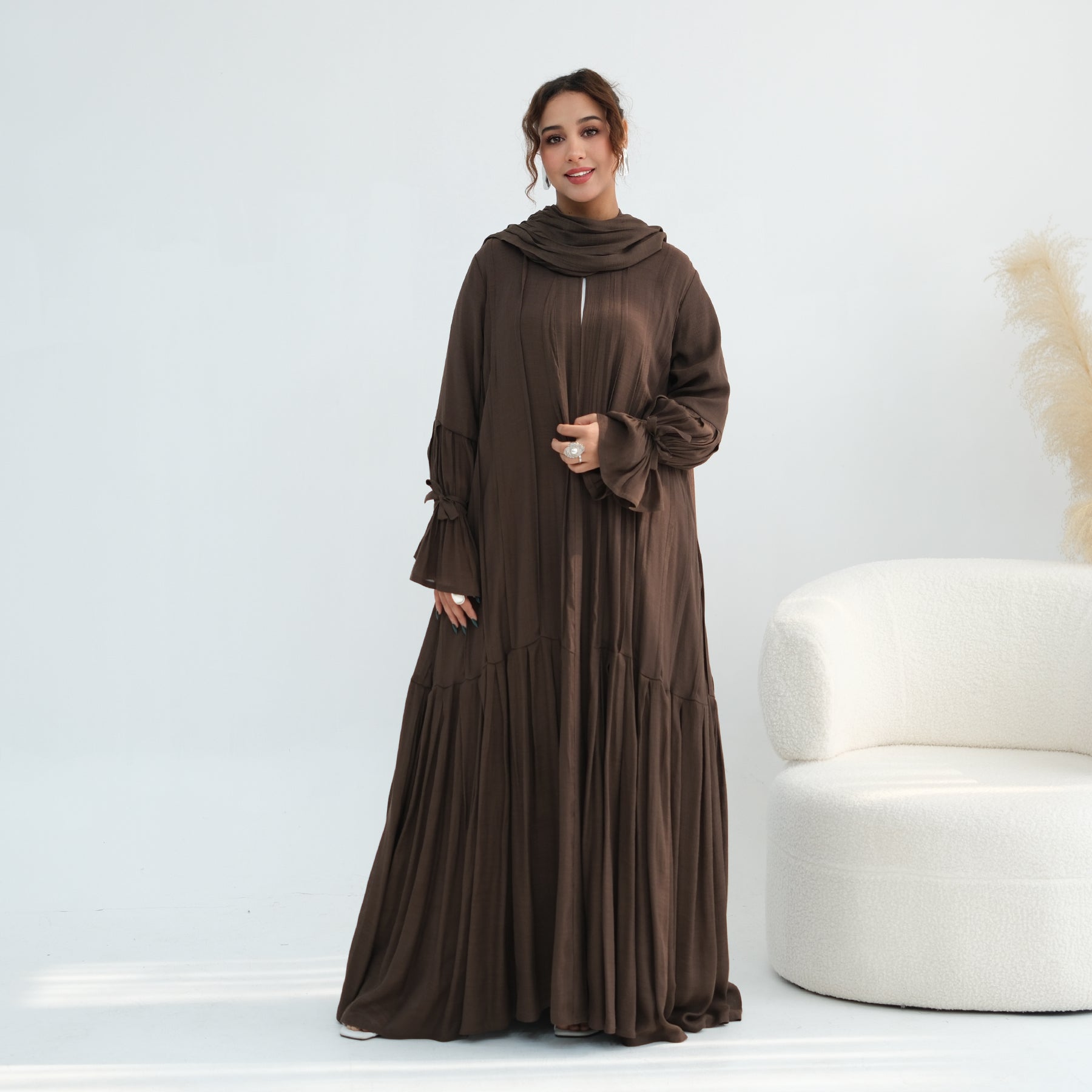 Loriya pleated cardigan with lining + scarf two-piece set LR1139, elegant and commuting style