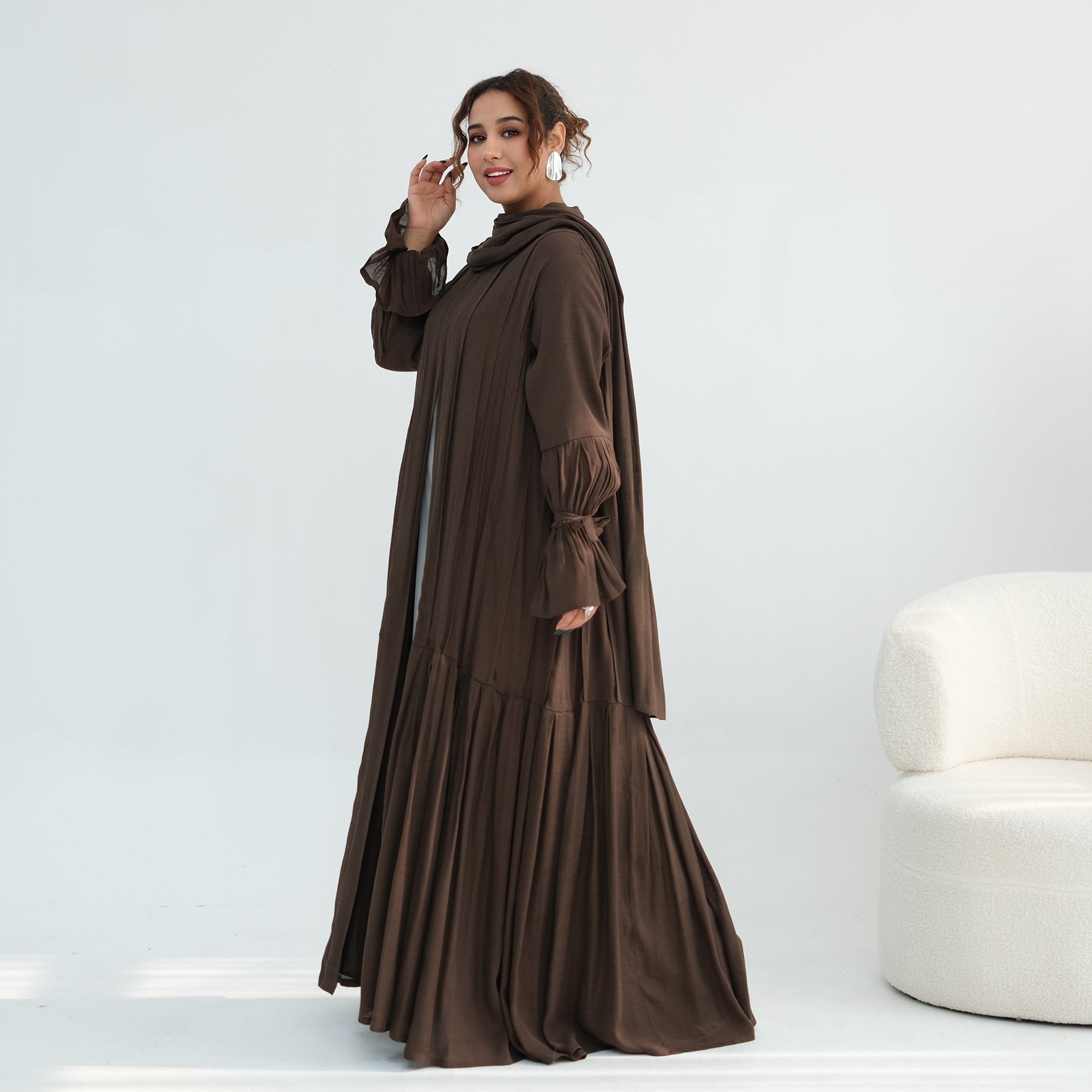 Loriya pleated cardigan with lining + scarf two-piece set LR1139, elegant and commuting style