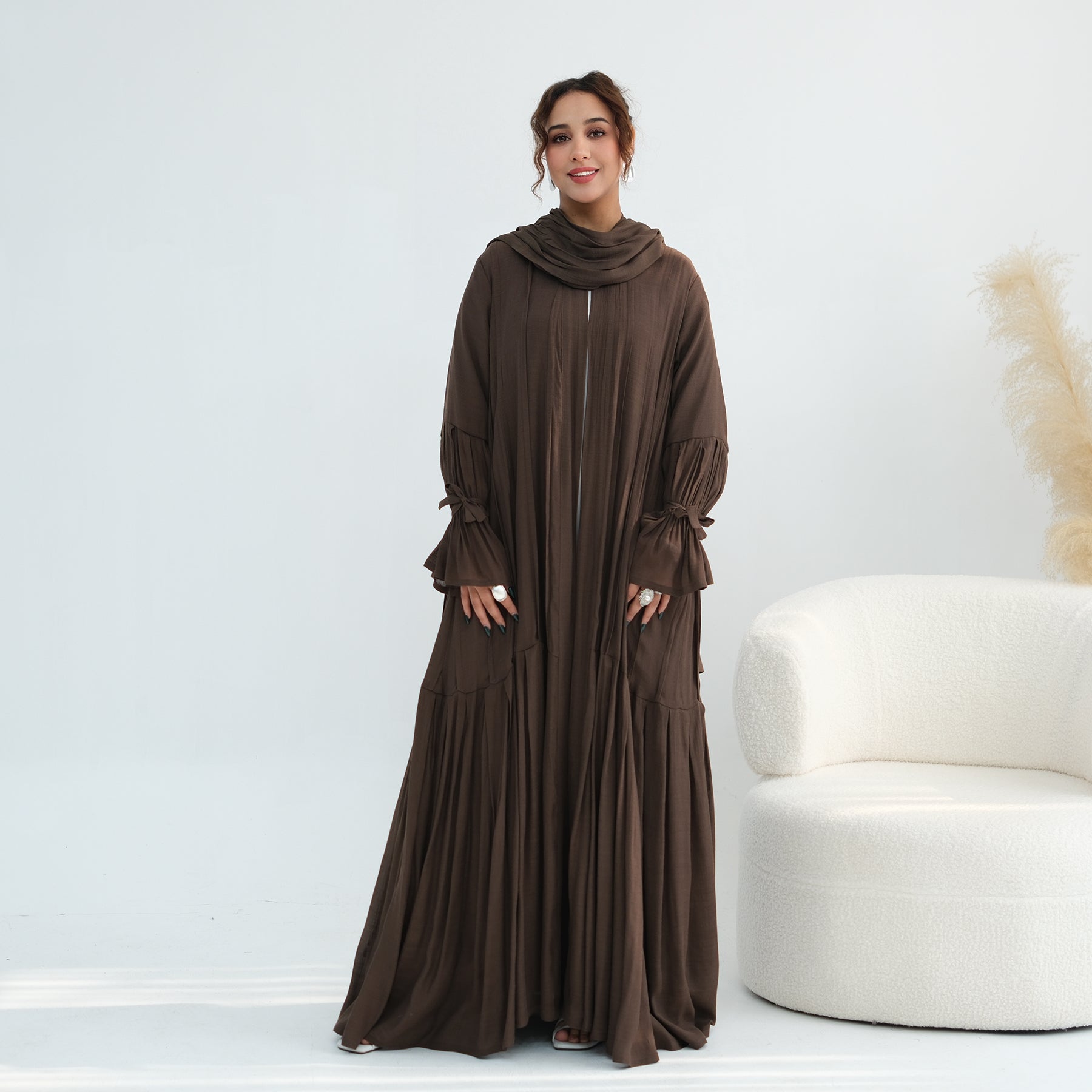 Loriya pleated cardigan with lining + scarf two-piece set LR1139, elegant and commuting style