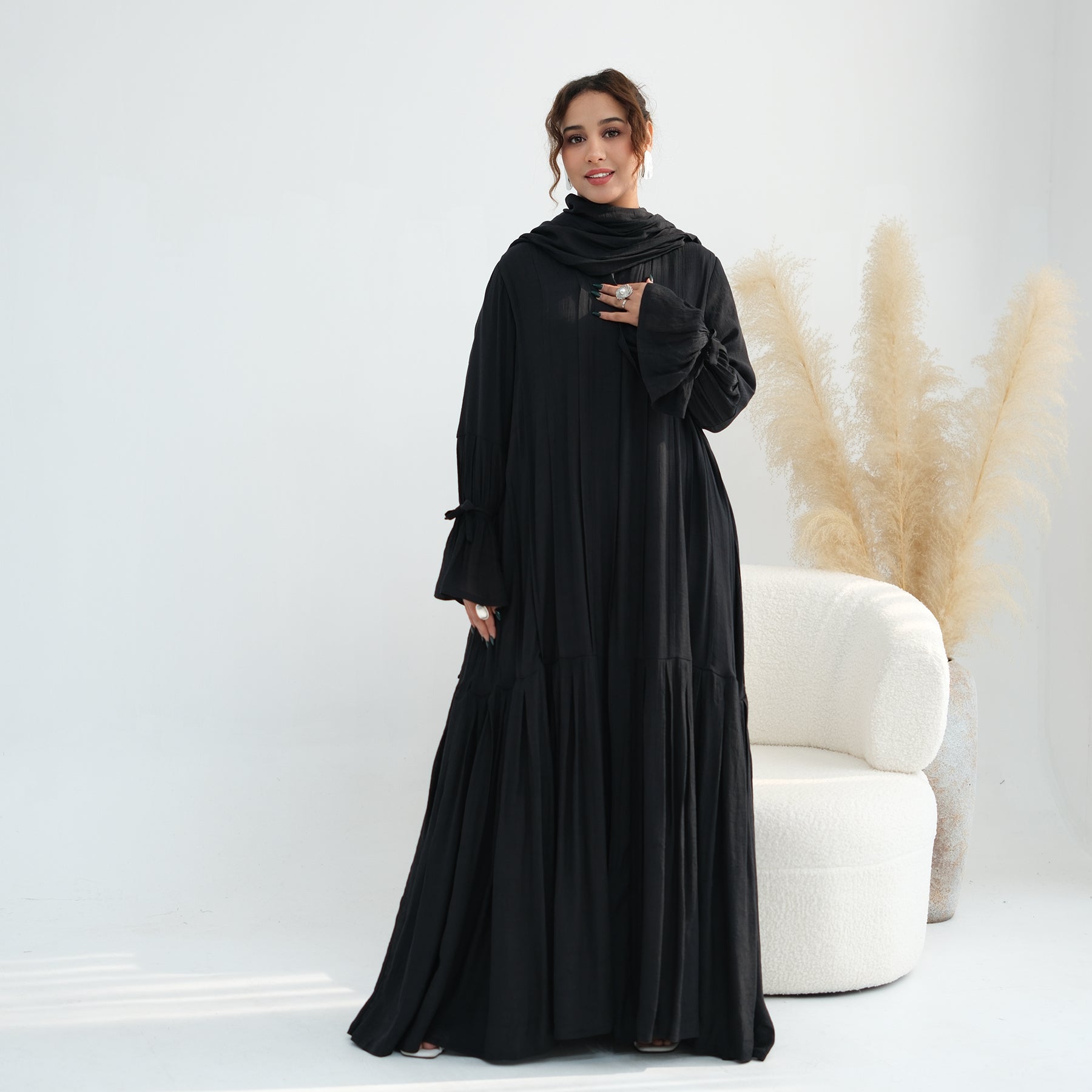 Loriya pleated cardigan with lining + scarf two-piece set LR1139, elegant and commuting style