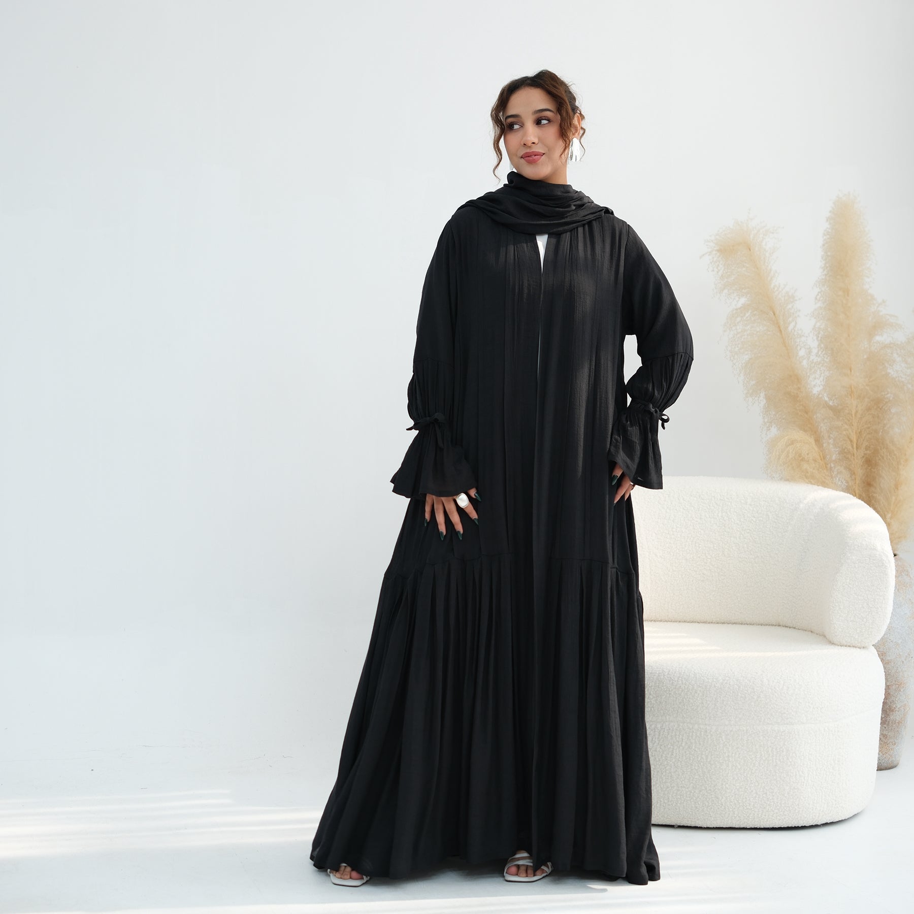 Loriya pleated cardigan with lining + scarf two-piece set LR1139, elegant and commuting style