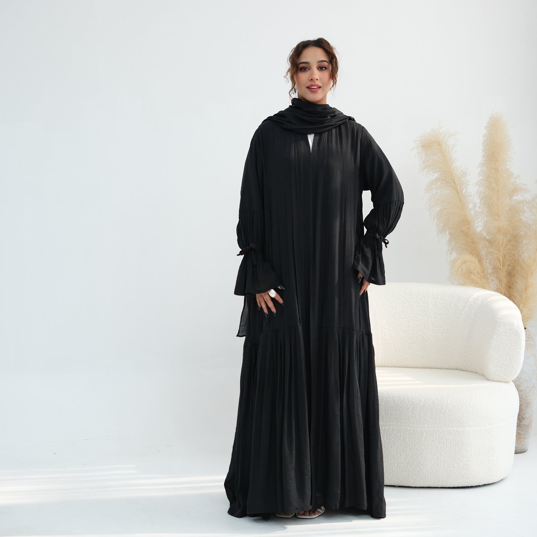 Loriya pleated cardigan with lining + scarf two-piece set LR1139, elegant and commuting style