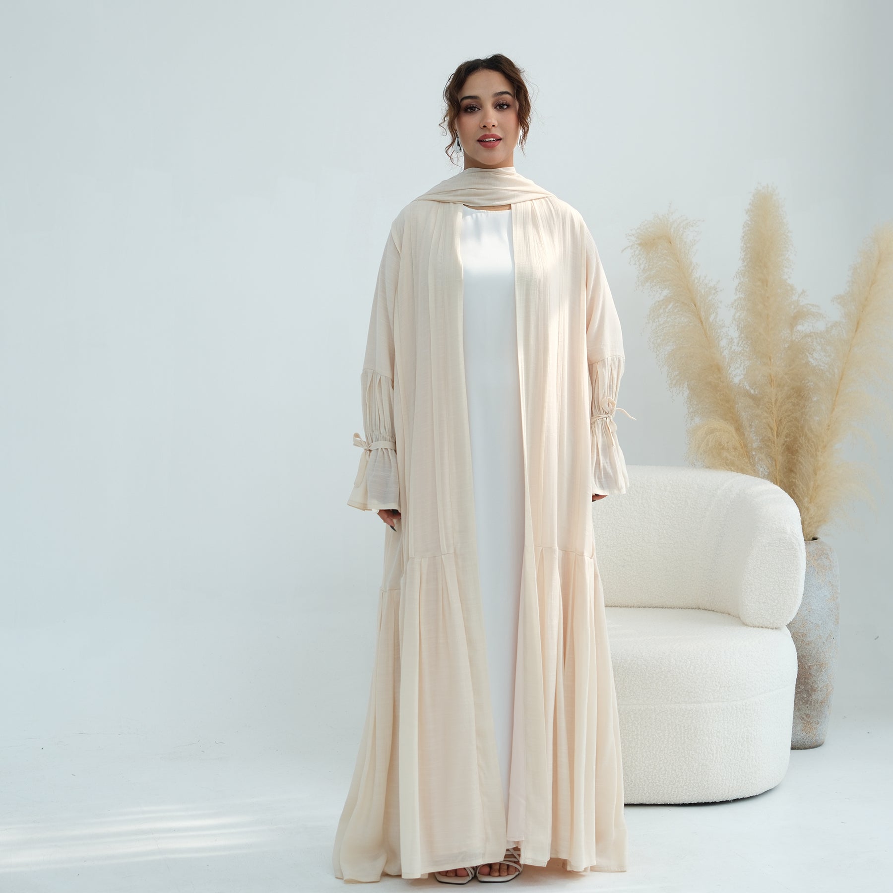 Loriya pleated cardigan with lining + scarf two-piece set LR1139, elegant and commuting style