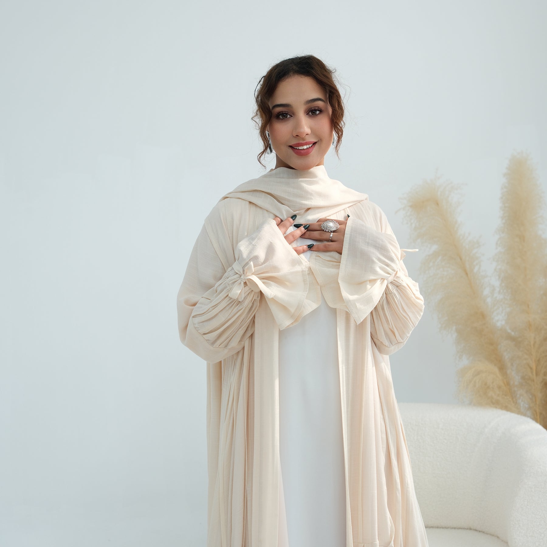Loriya pleated cardigan with lining + scarf two-piece set LR1139, elegant and commuting style