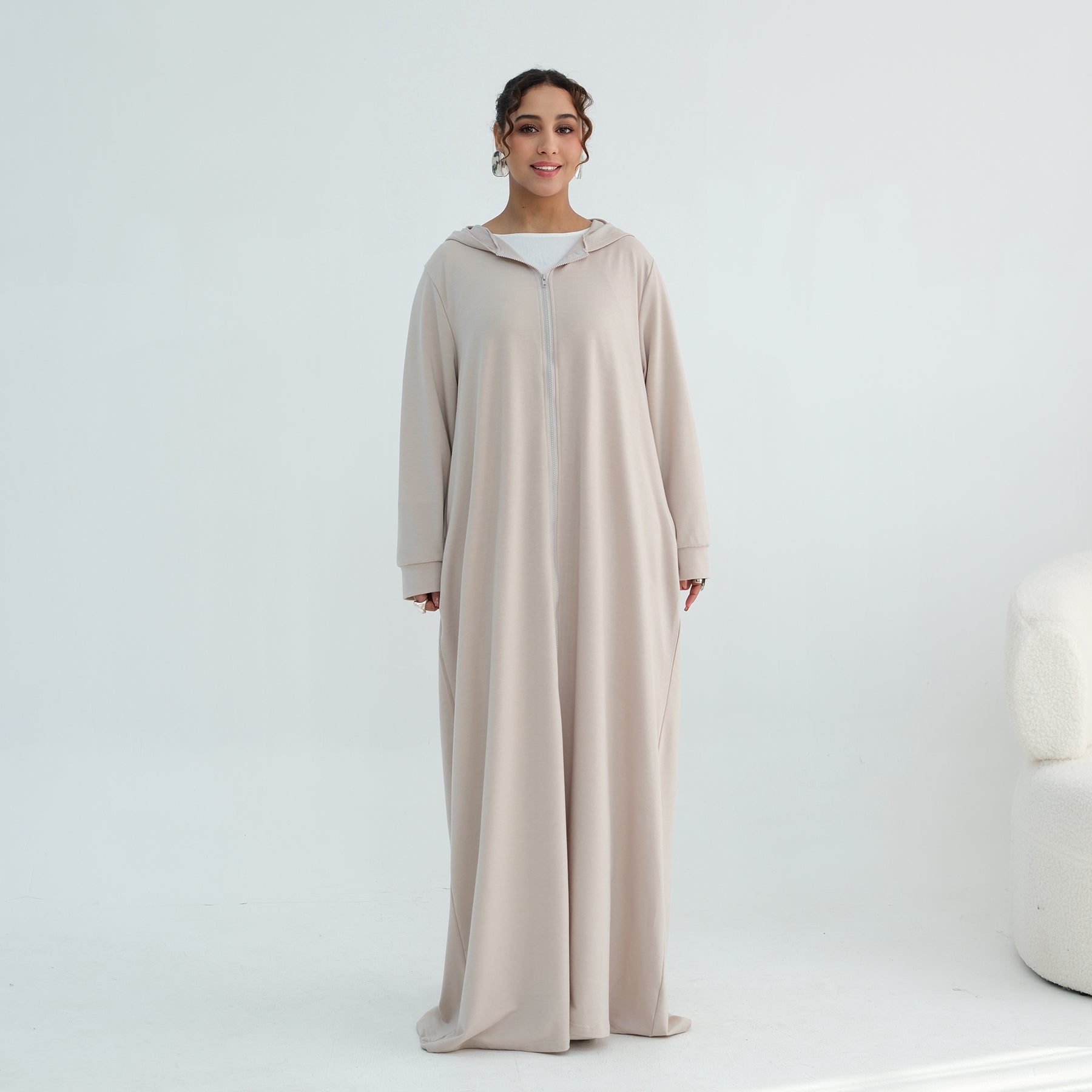 Loriya pure color long zipper hooded cardigan LR1160