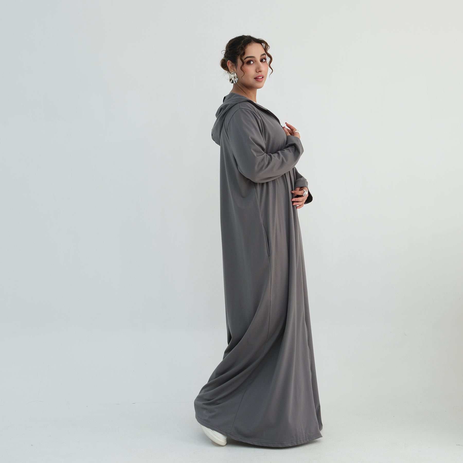 Loriya pure color long zipper hooded cardigan LR1160