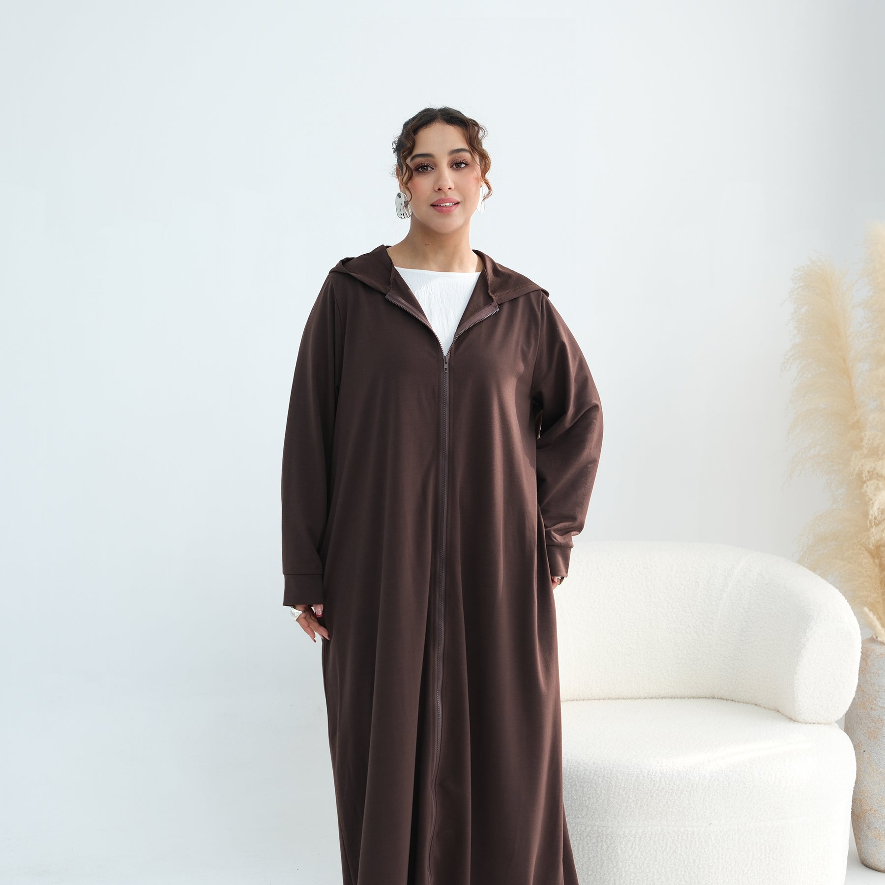 Loriya pure color long zipper hooded cardigan LR1160