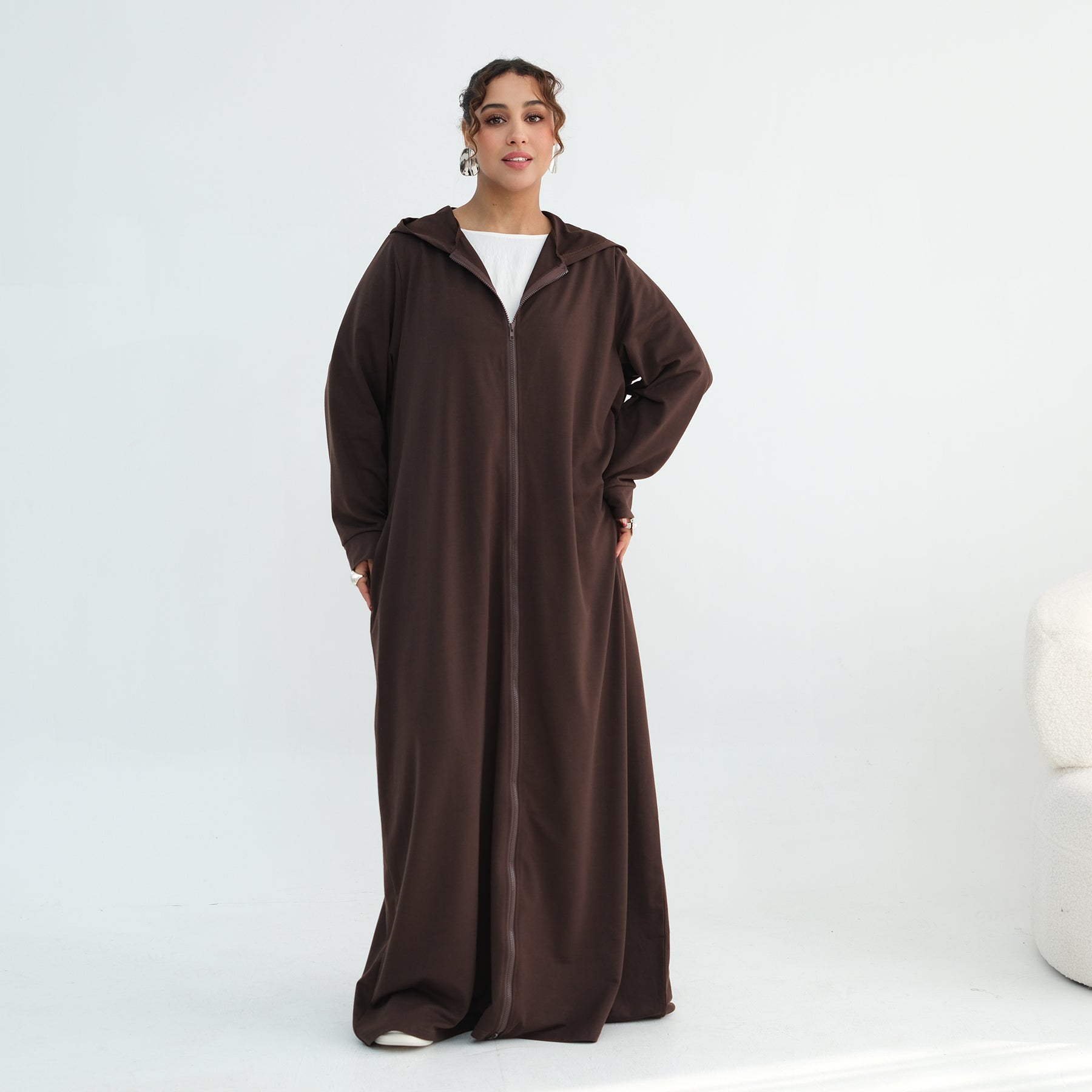 Loriya pure color long zipper hooded cardigan LR1160