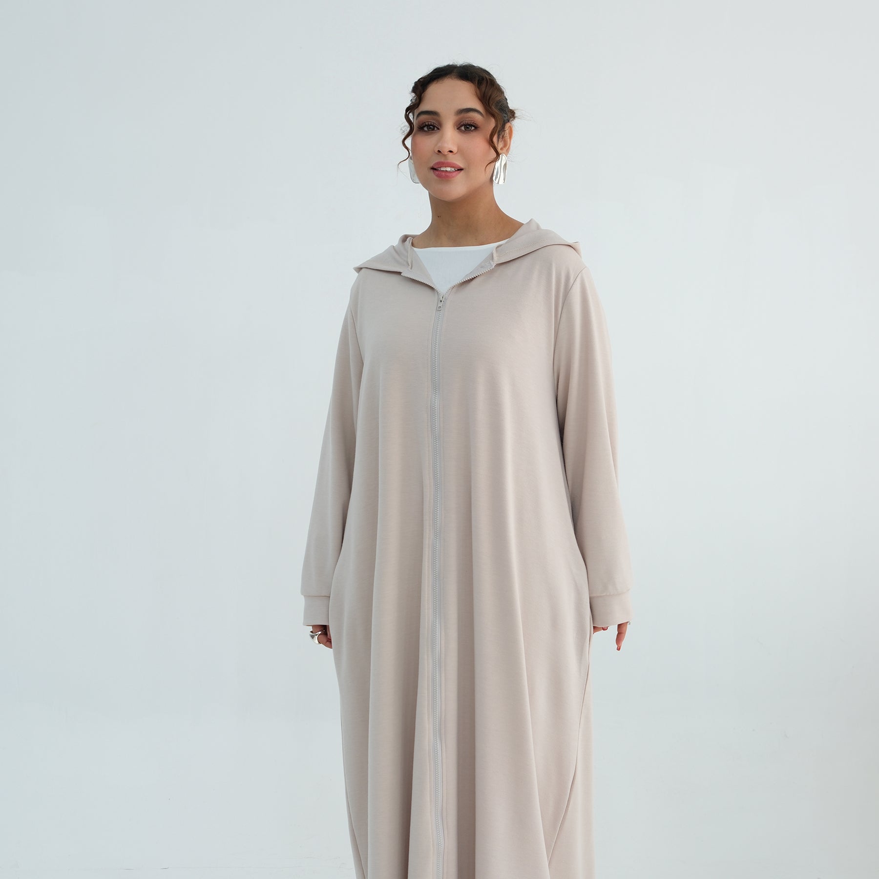 Loriya pure color long zipper hooded cardigan LR1160
