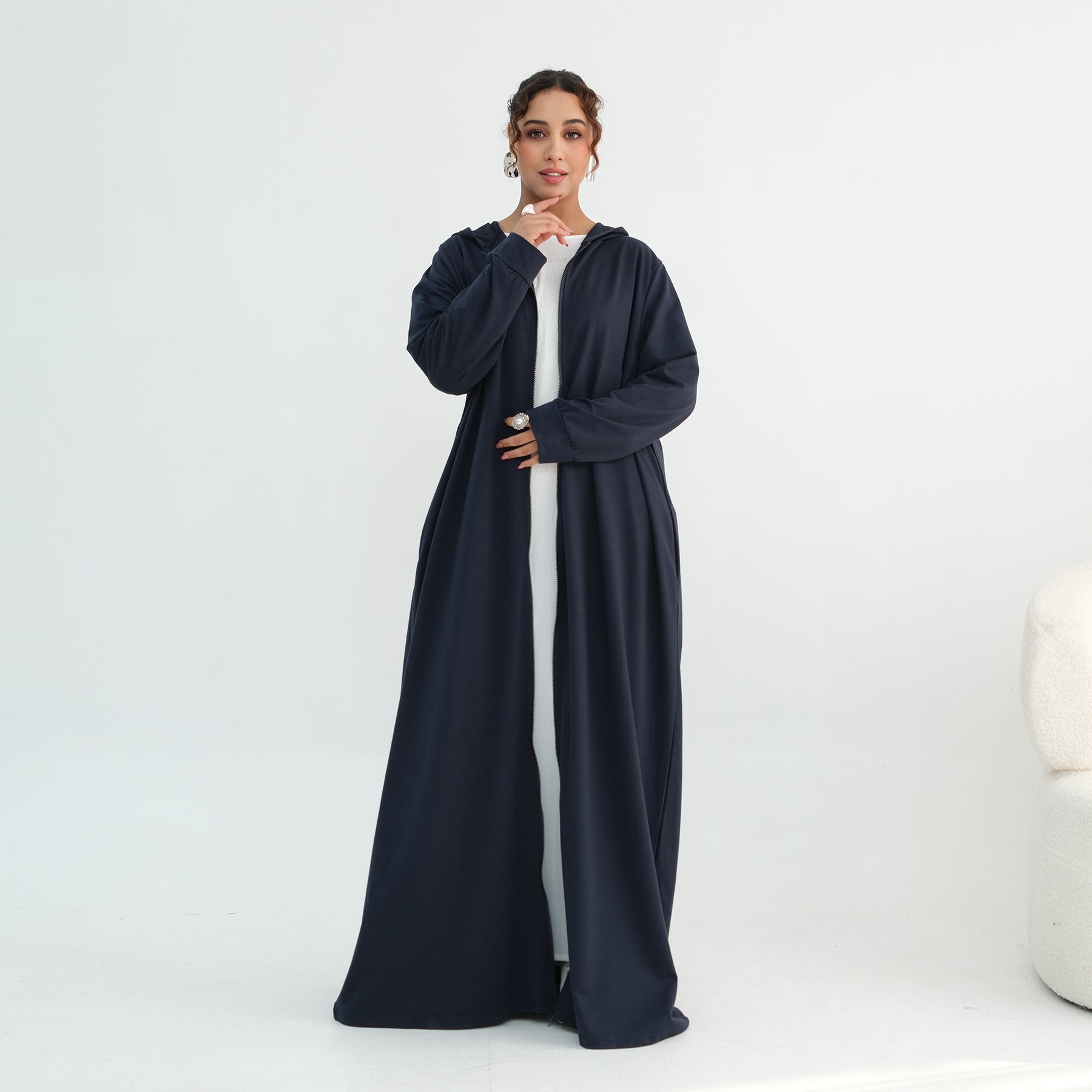 Loriya pure color long zipper hooded cardigan LR1160