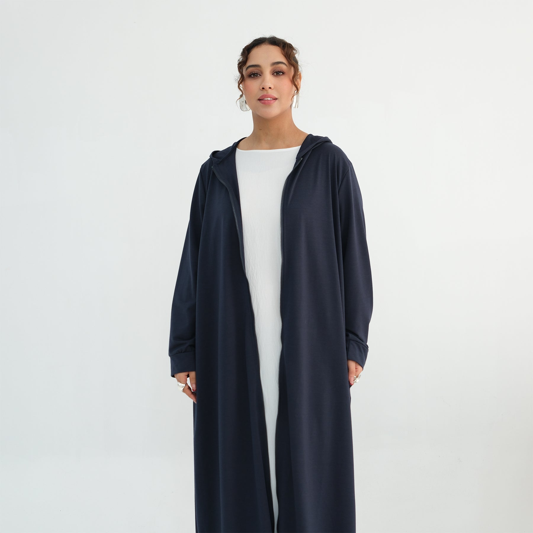 Loriya pure color long zipper hooded cardigan LR1160
