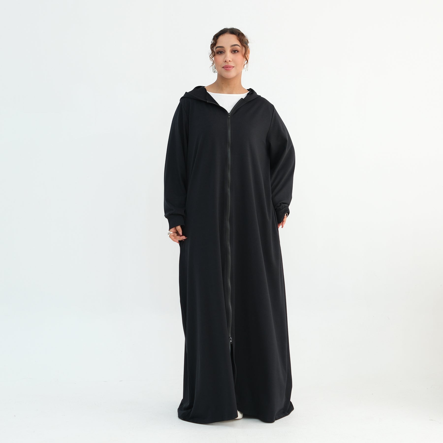 Loriya pure color long zipper hooded cardigan LR1160