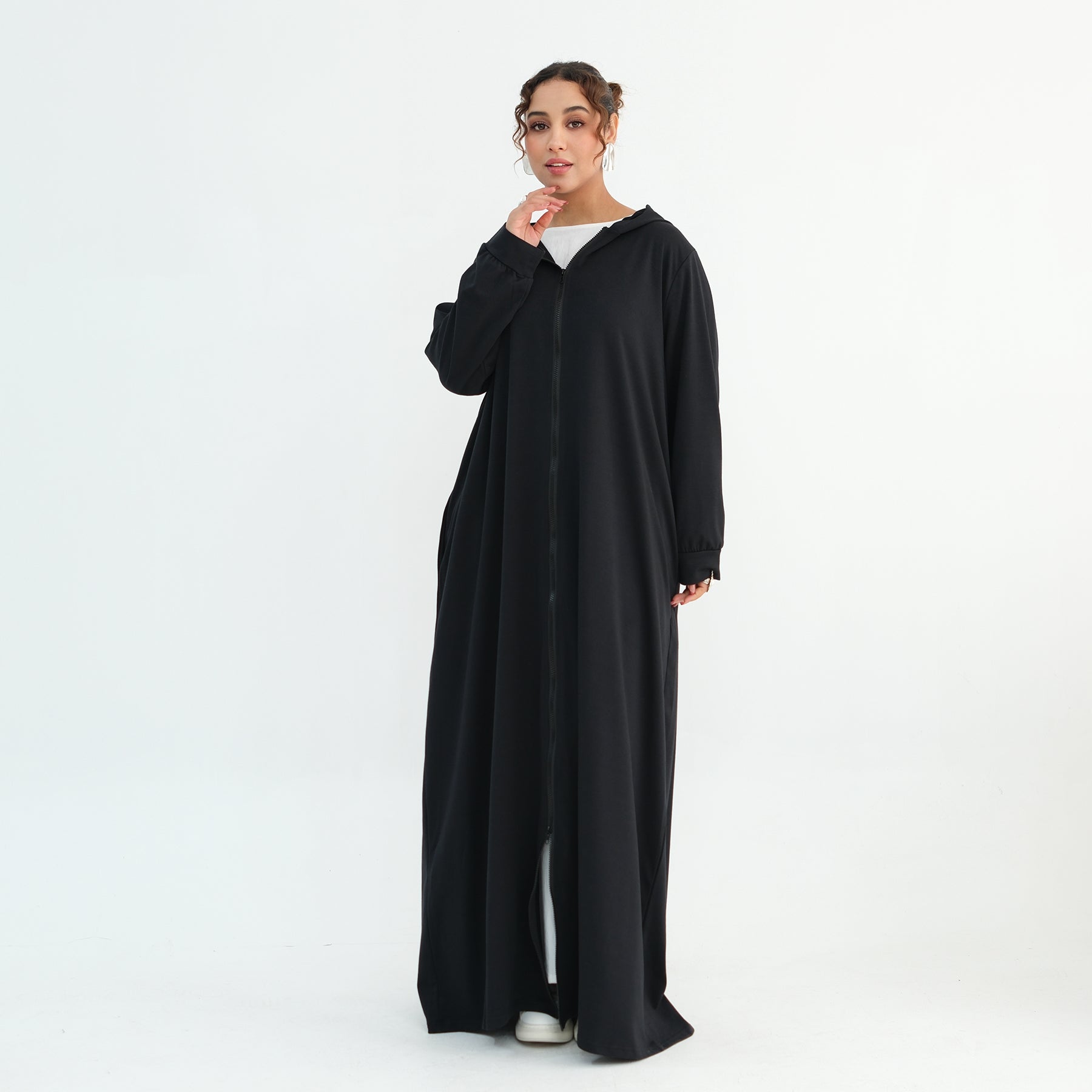 Loriya pure color long zipper hooded cardigan LR1160