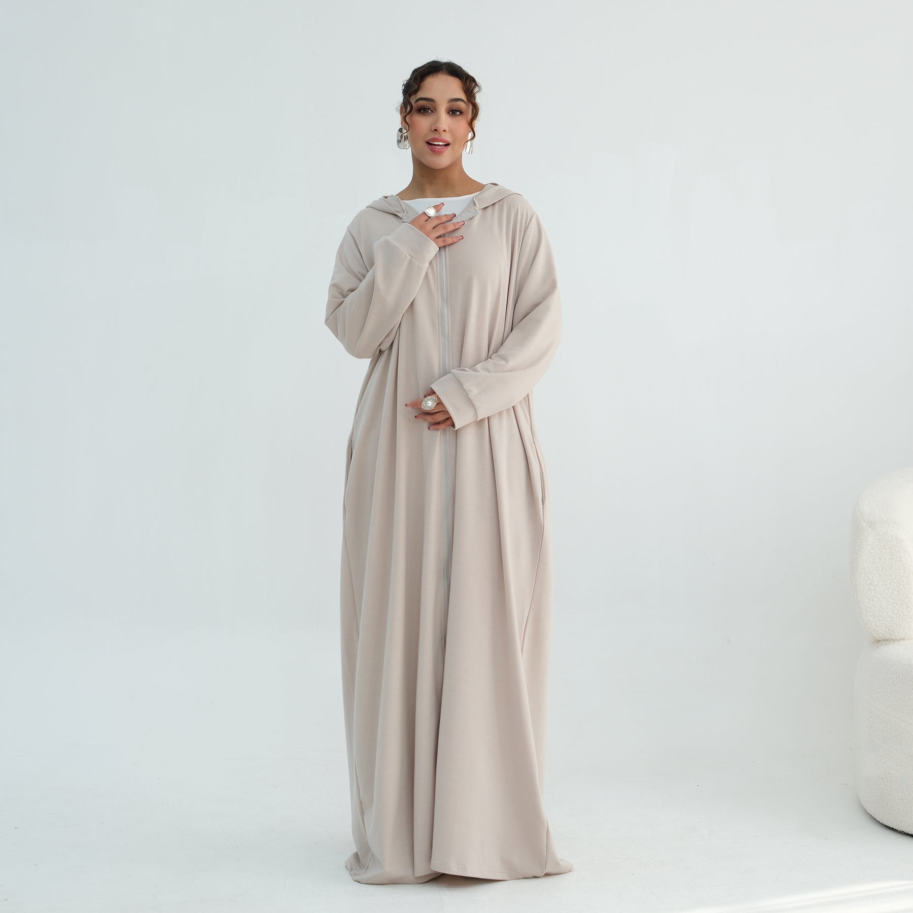 Loriya pure color long zipper hooded cardigan LR1160