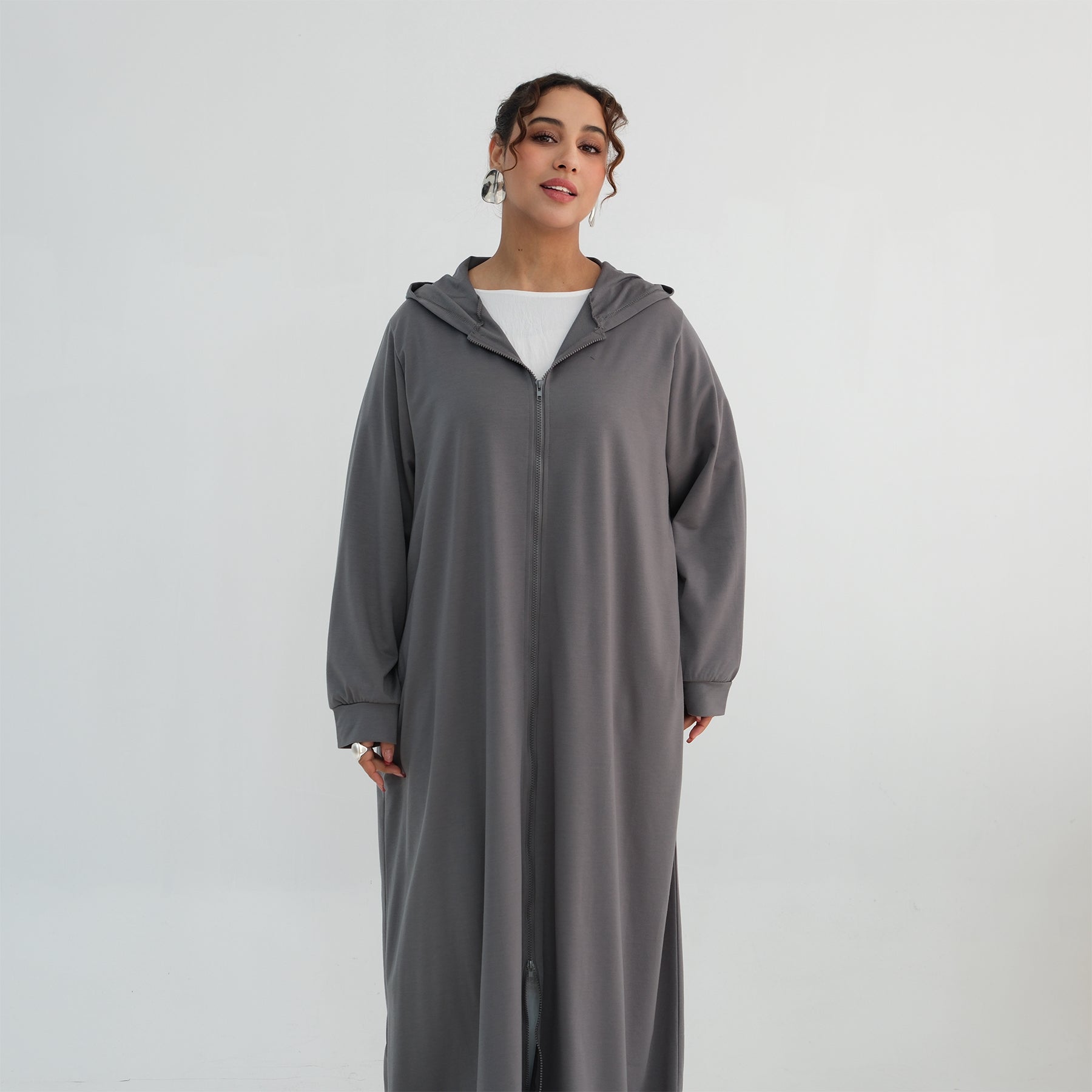 Loriya pure color long zipper hooded cardigan LR1160