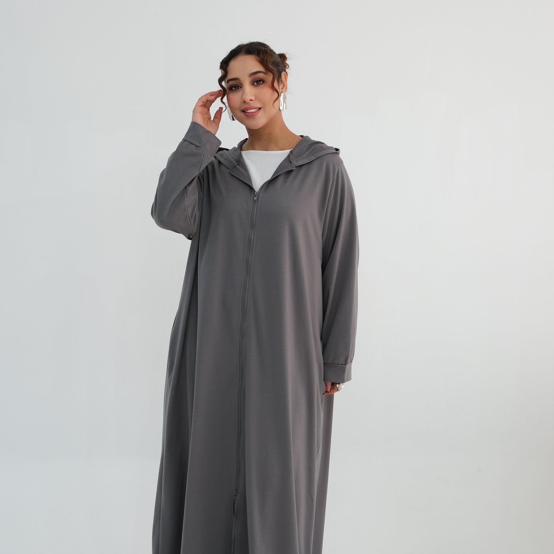 Loriya pure color long zipper hooded cardigan LR1160