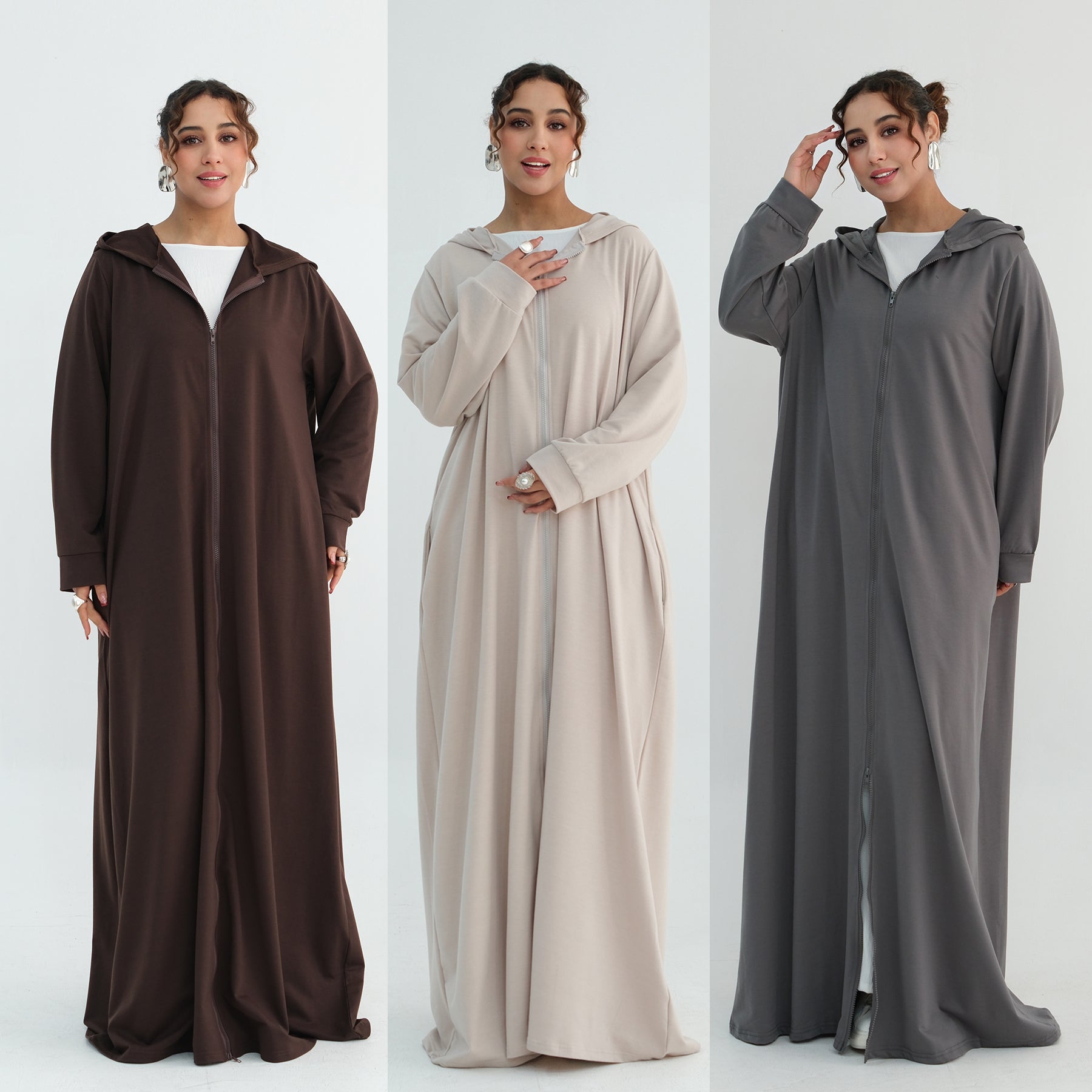 Loriya pure color long zipper hooded cardigan LR1160
