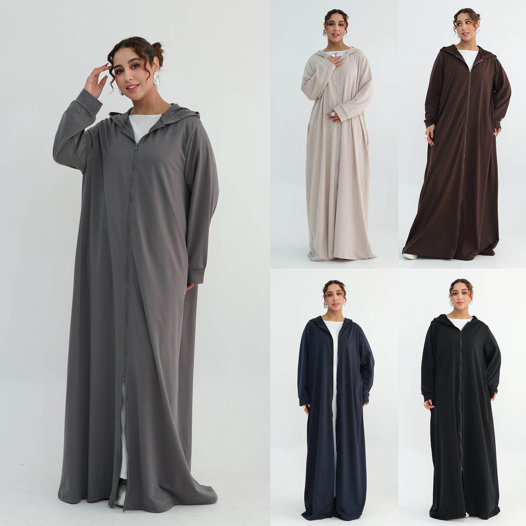 Loriya pure color long zipper hooded cardigan LR1160